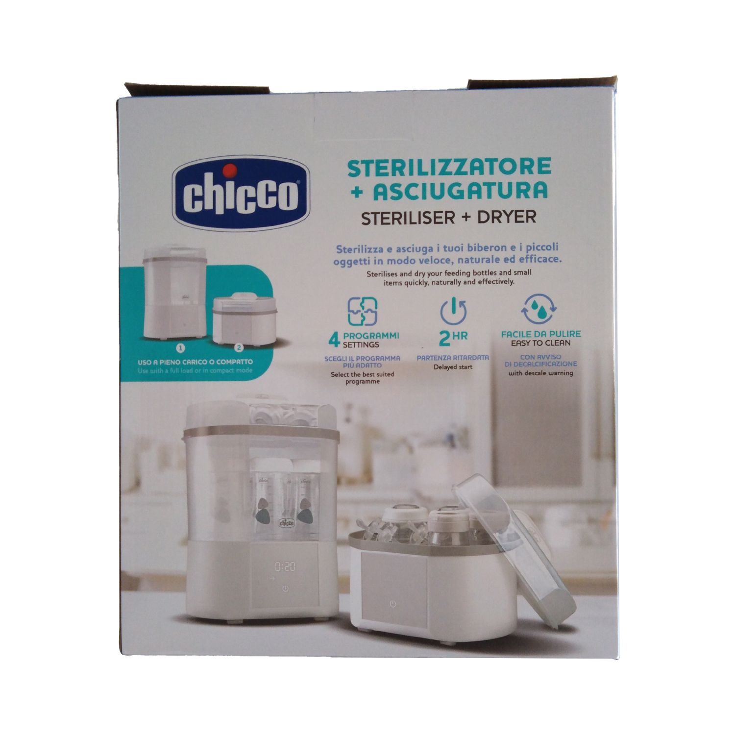 Sterilizzatore e asciugatore Chicco in confezione. Funzioni e accessori illustrati.