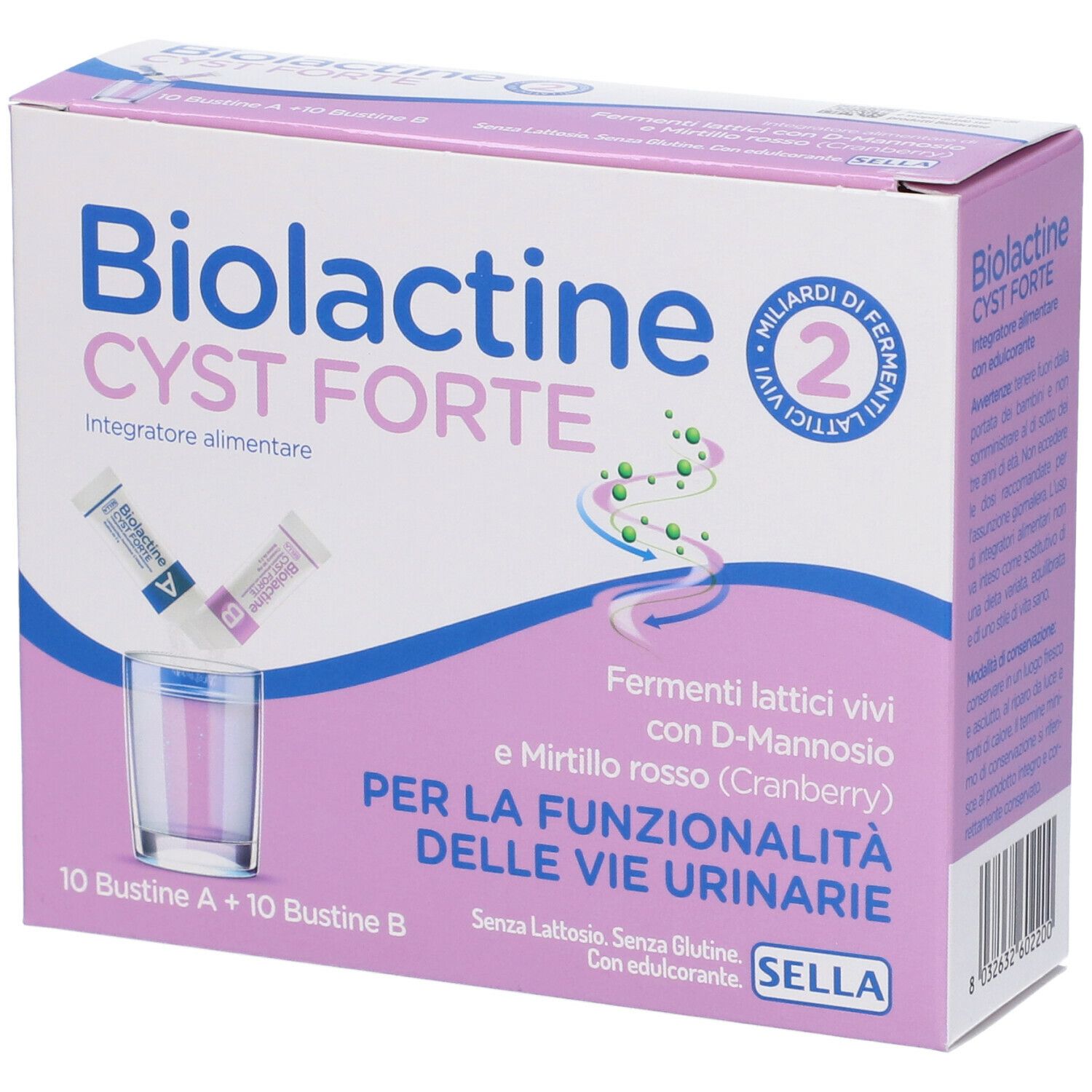 Verpackung von Biolactine Cyst Forte. Rosa-weiße Schachtel mit Produktnamen und Abbildung von Beuteln und Glas.
