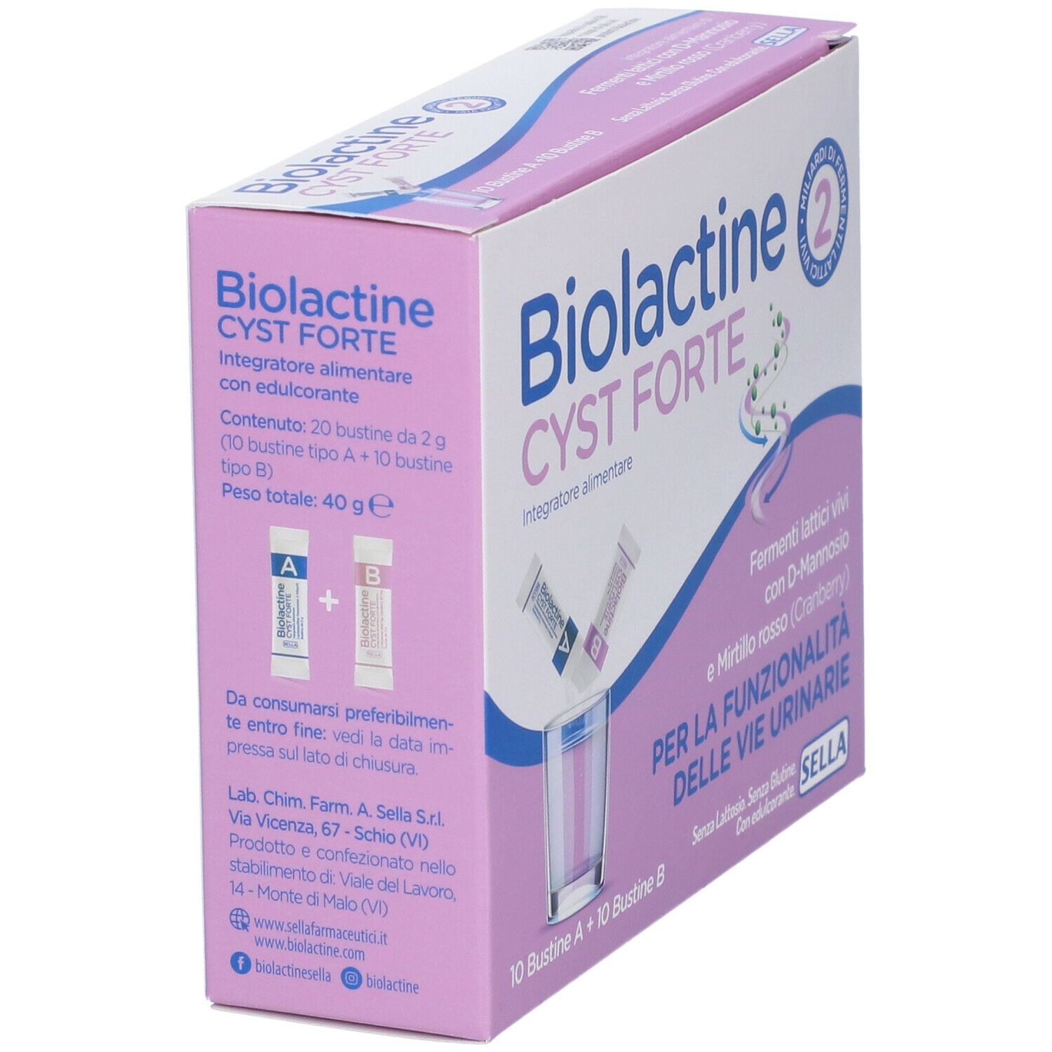 Biolactine Cyst Forte Verpackung, schräg. Rosa-weiße Schachtel mit Produktnamen, Beuteln und Glas abgebildet.