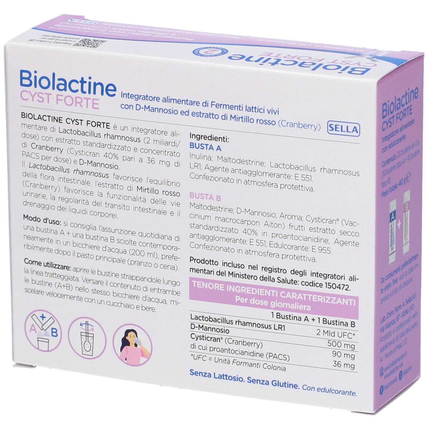 Rückseite der Biolactine Cyst Forte Verpackung. Text mit Inhaltsstoffen und Anweisungen, rosa und weiß.