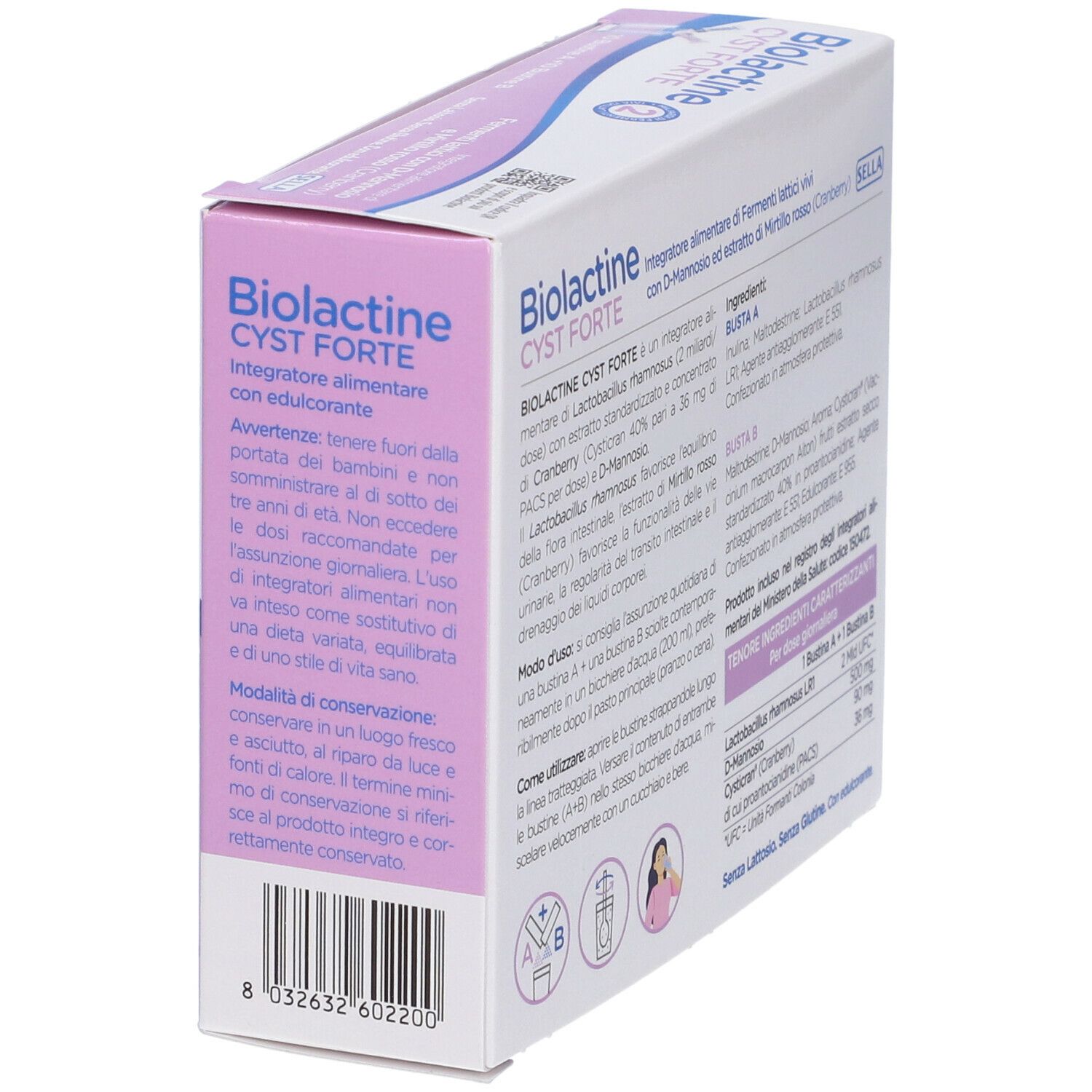 Biolactine Cyst Forte Verpackung, schräg. Rosa-weiße Schachtel mit Produktnamen und Text.