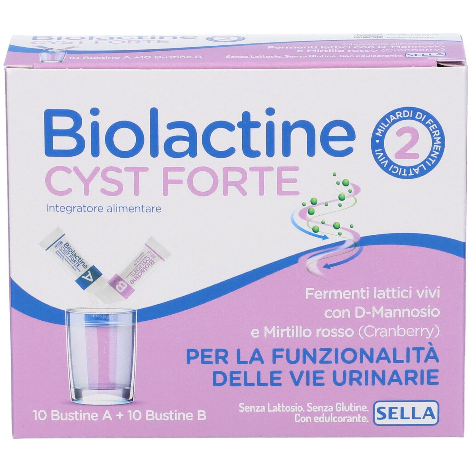 Biolactine Cyst Forte Verpackung. Rosa-weiße Schachtel mit Produktnamen, Beuteln und Glas abgebildet.