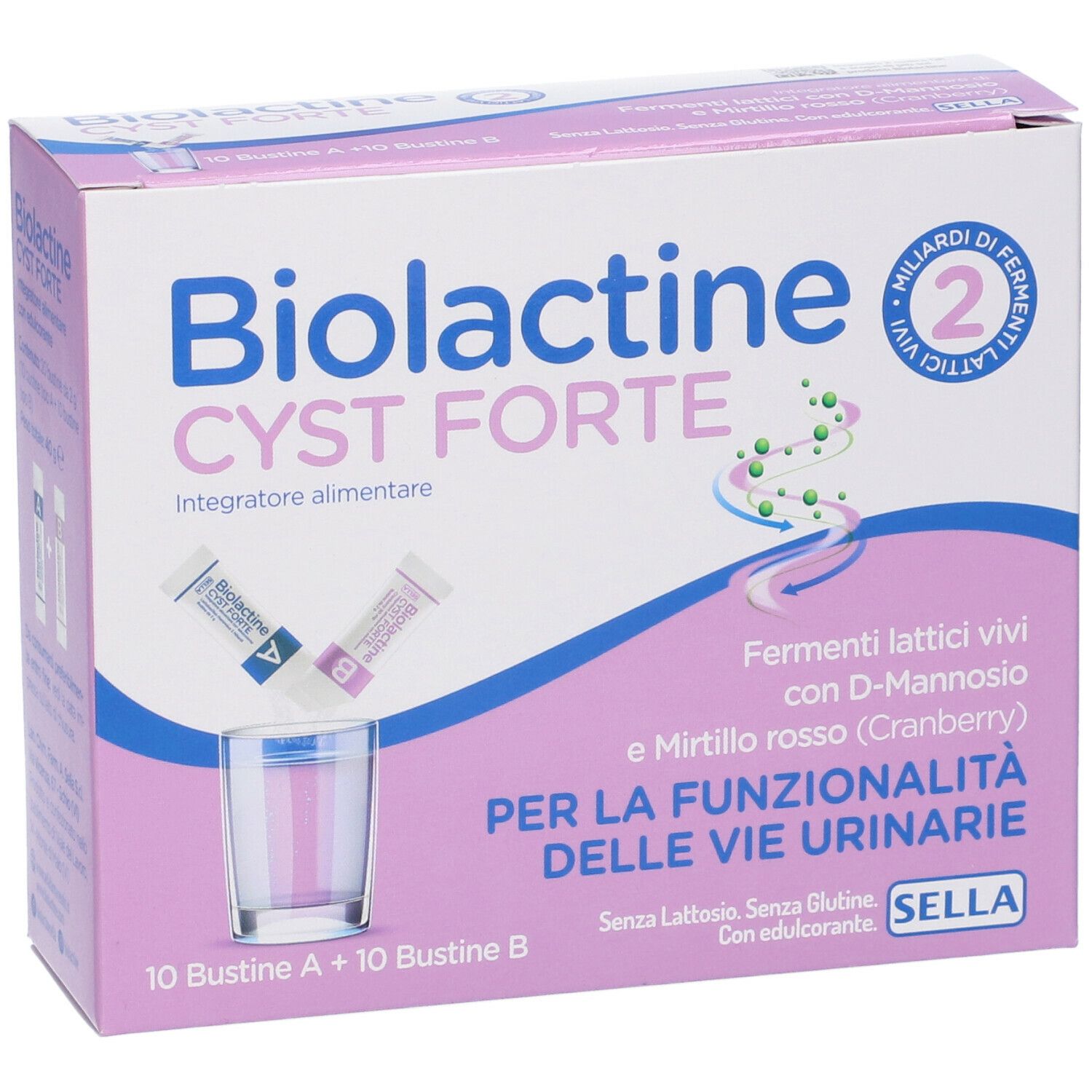 Biolactine Cyst Forte Verpackung. Rosa-weiße Schachtel mit Produktnamen, Beuteln und Glas abgebildet.
