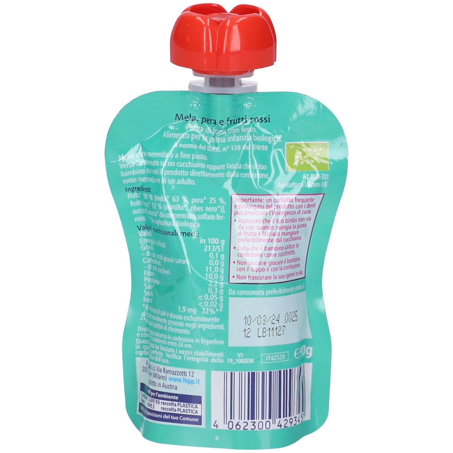 Retro della bustina di purea di frutta biologica Hipp. Testo e informazioni nutrizionali. Con tappo rosso.