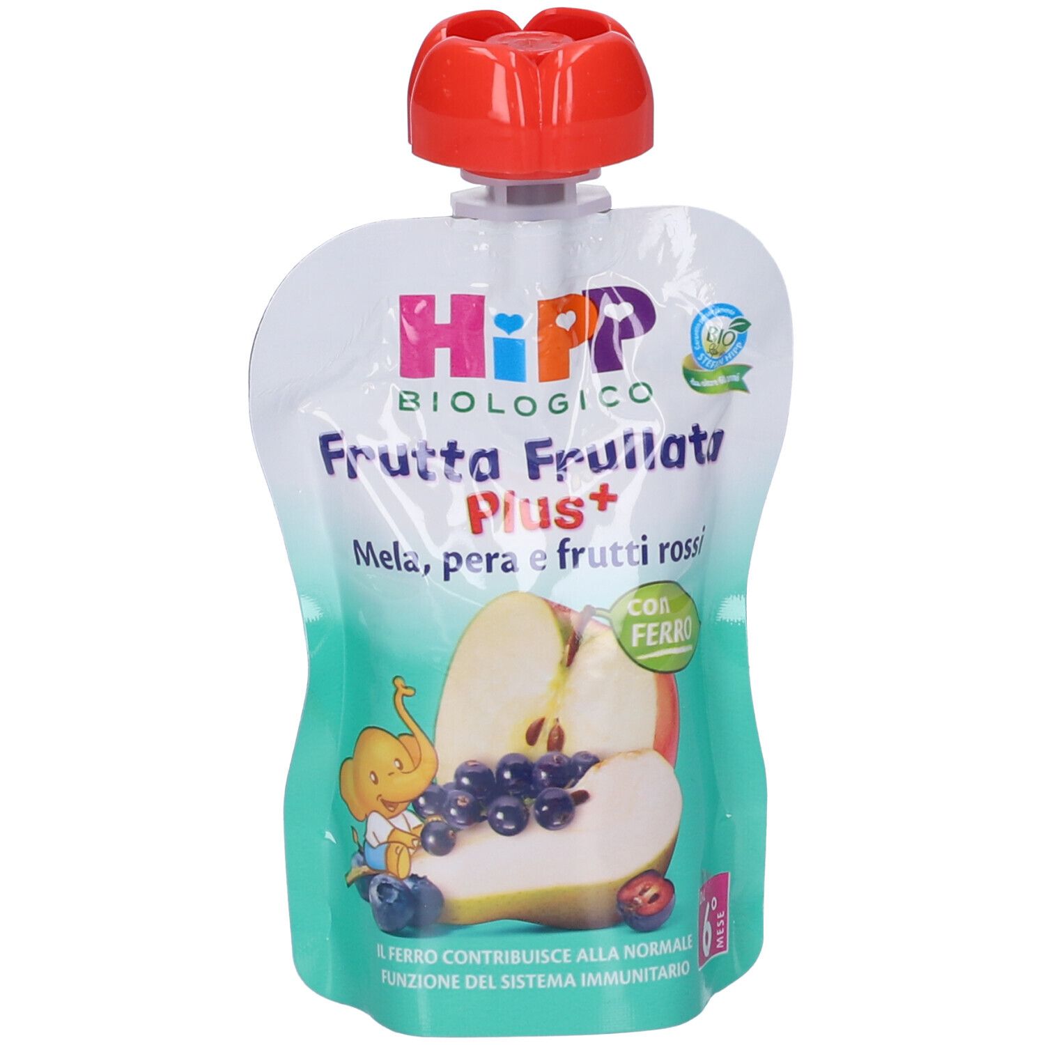 Bustina di purea di frutta biologica Hipp. Scritta: Mela, pera e frutti rossi + Ferro. Con tappo rosso.