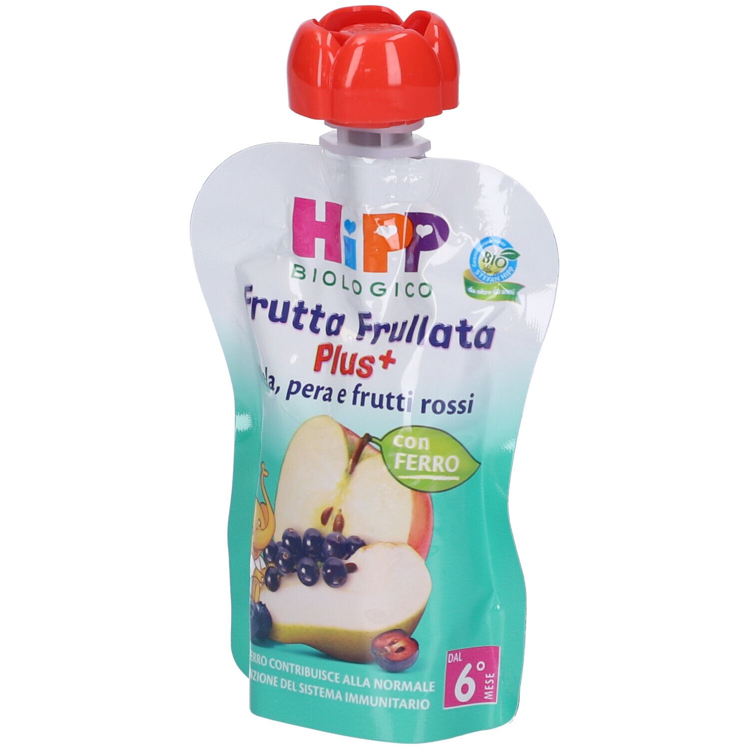 Bustina di purea di frutta biologica Hipp. Scritta: Mela, pera e frutti rossi + Ferro. Con tappo rosso.