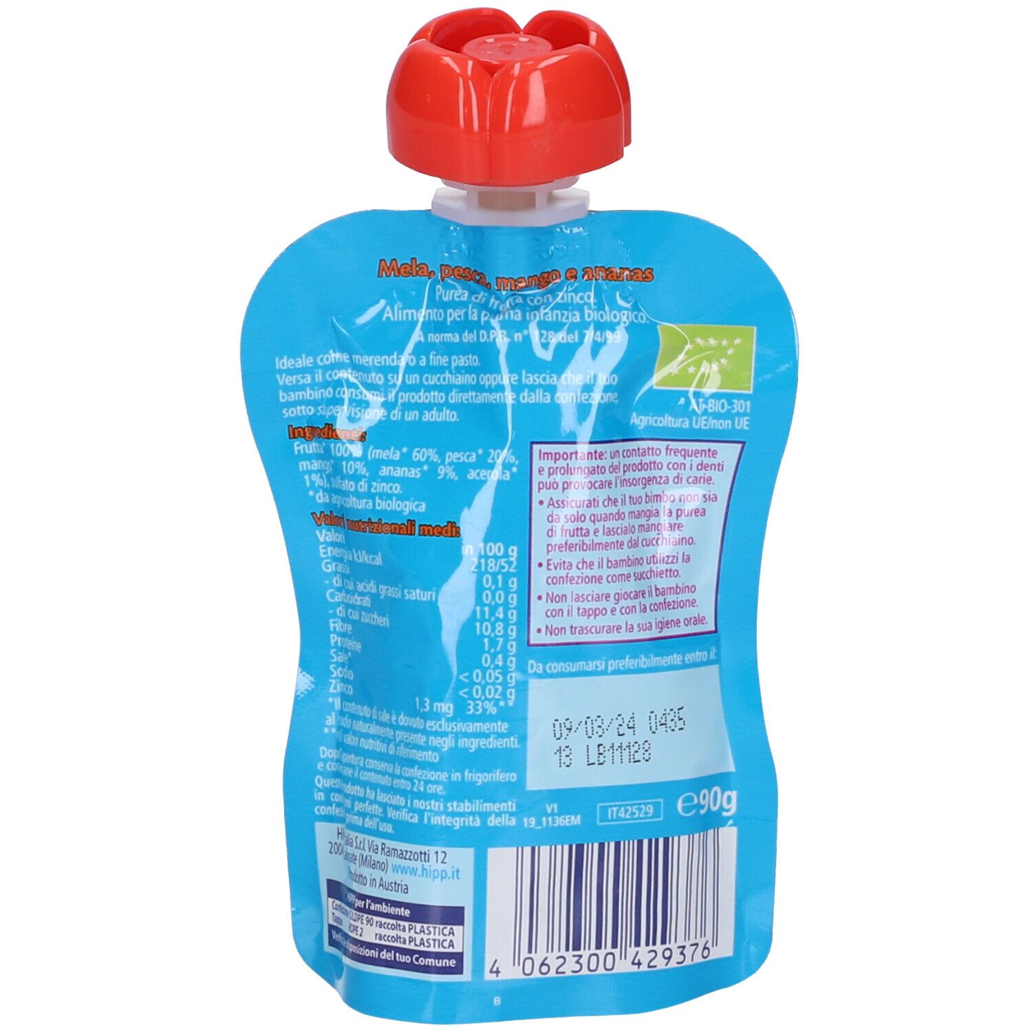 Retro della bustina. Testo: ingredienti, valori nutrizionali, data di scadenza, numero di lotto, marchio biologico, codice EAN, informazioni produttore.