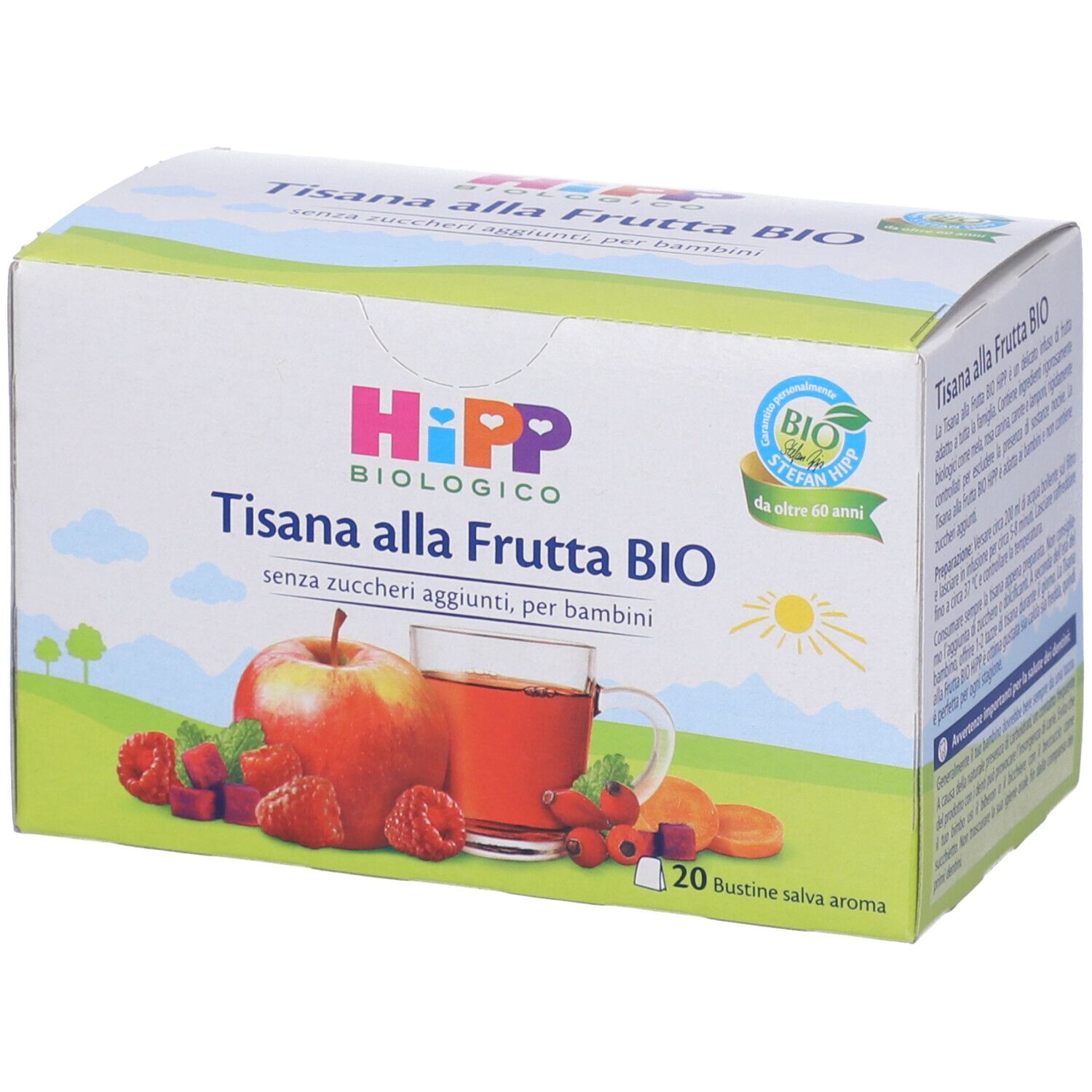 Confezione di Hipp Bio Tisana Frutta. Stampa con nome prodotto, frutta e tazza di tè. Sigillo bio.