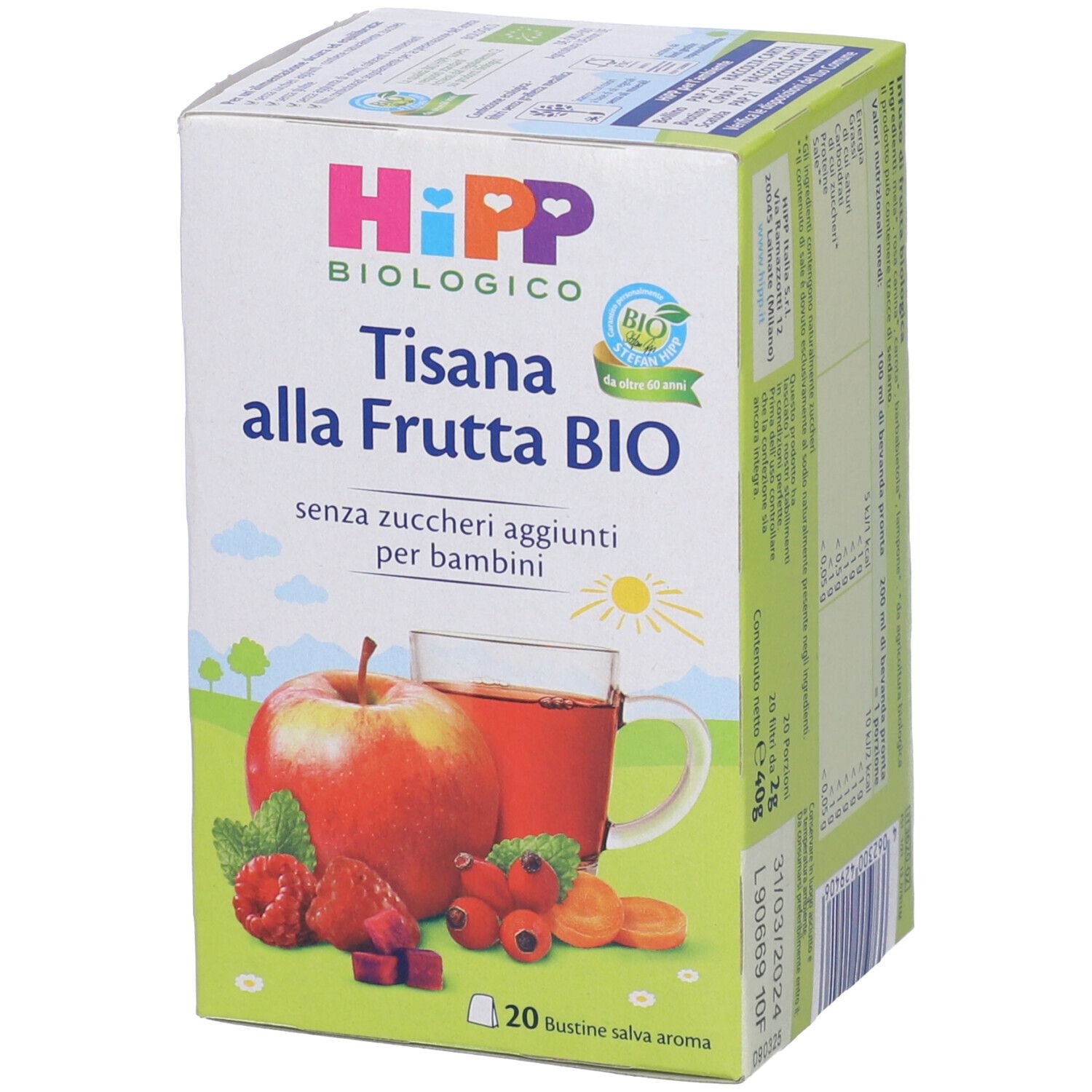 Confezione di Hipp Bio Tisana Frutta. Nome prodotto, frutta e tazza di tè. Sigillo bio.