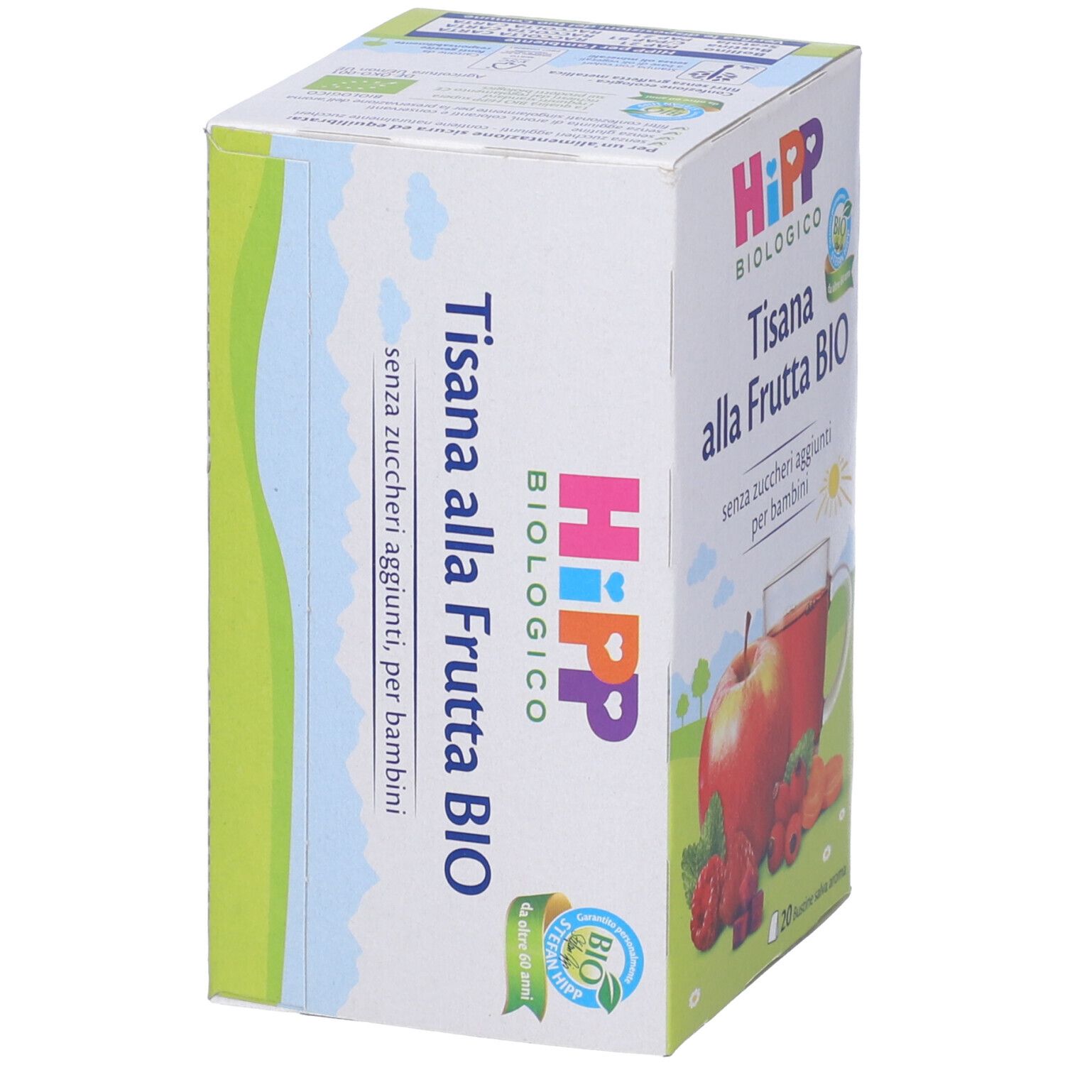 Confezione di Hipp Bio Tisana Frutta. Nome prodotto e sigillo bio. Immagine di frutta e tazza di tè.