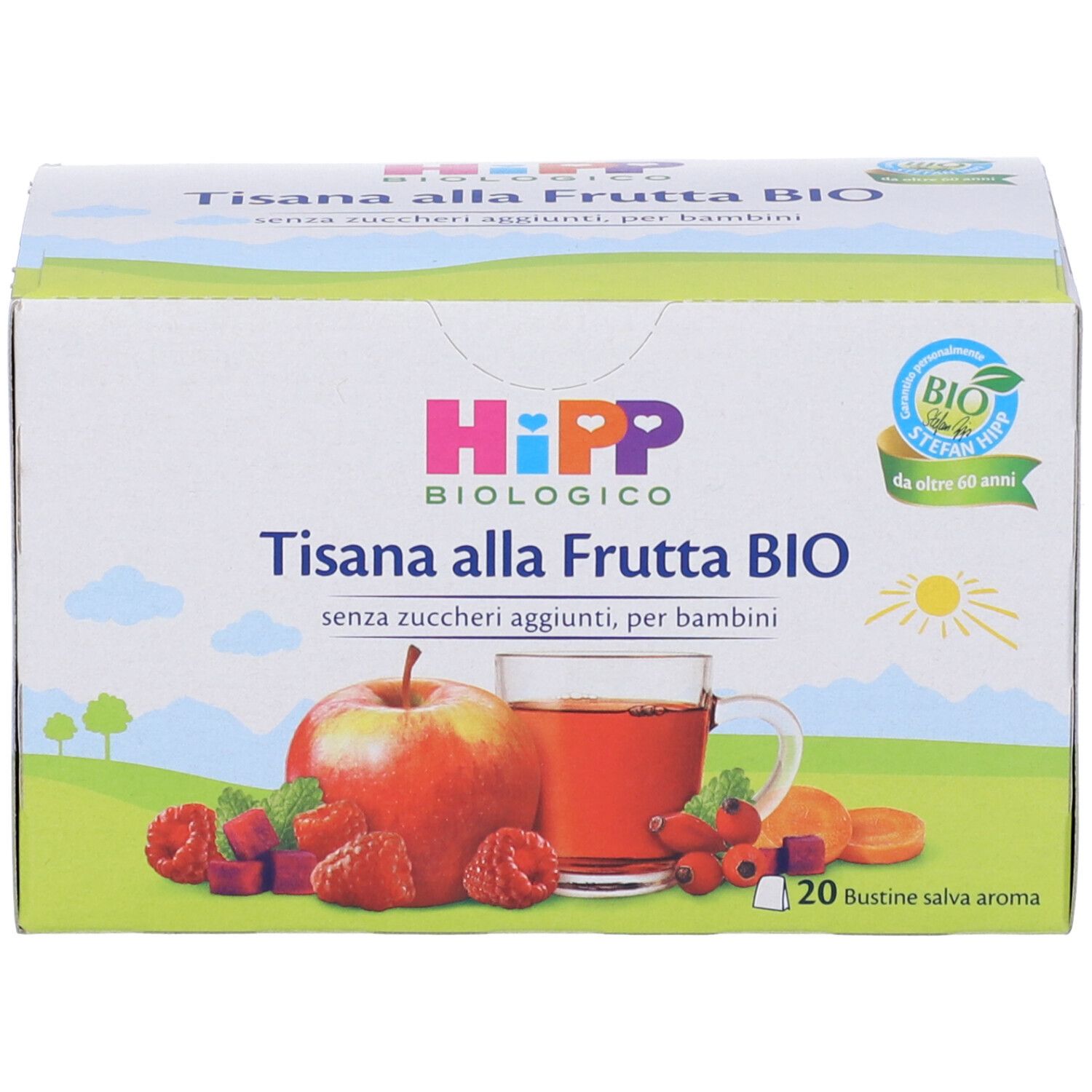 Confezione di Hipp Bio Tisana Frutta. Nome prodotto, frutta e tazza di tè. Sigillo bio.