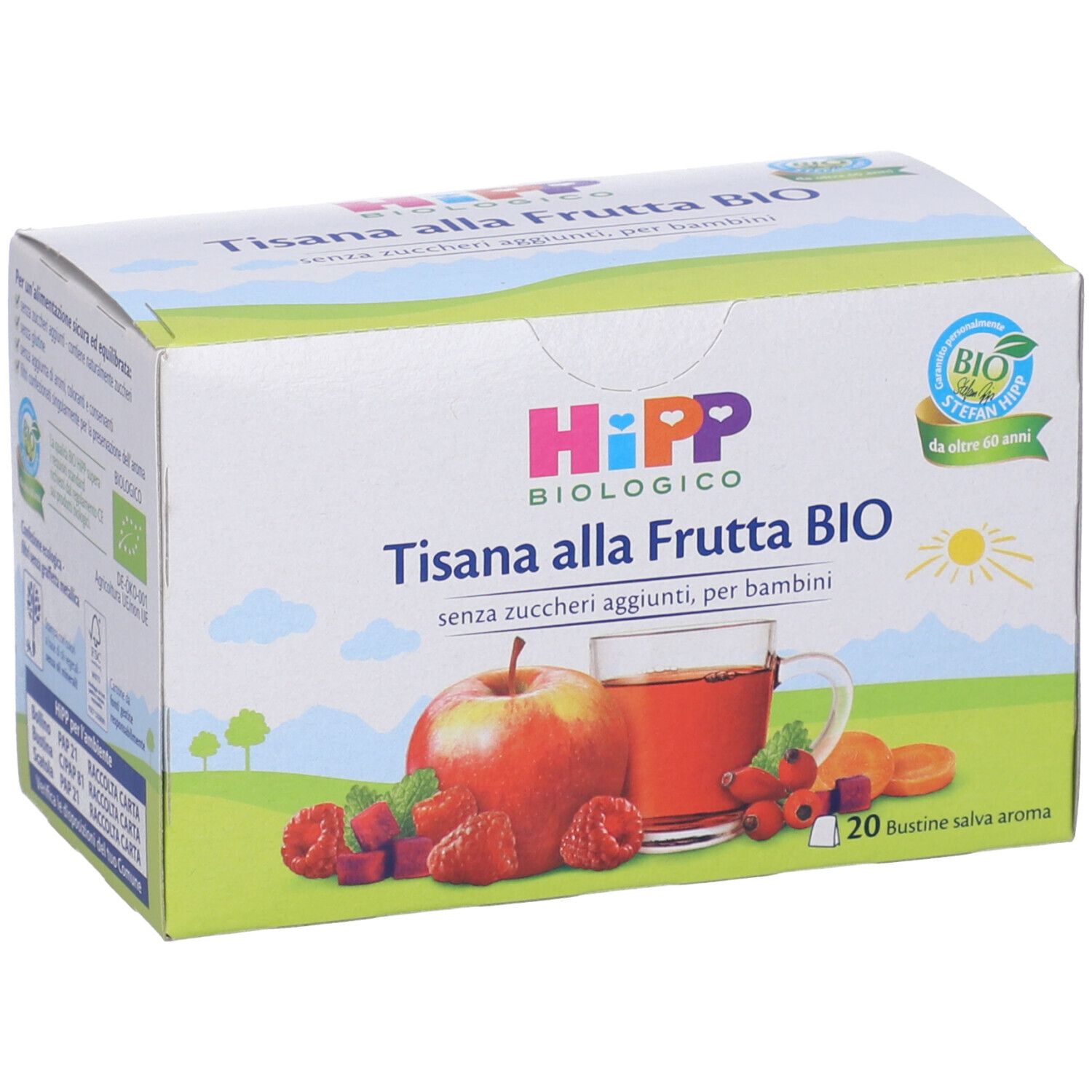 Confezione di Hipp Bio Tisana Frutta. Nome prodotto, frutta e tazza di tè. Sigillo bio.