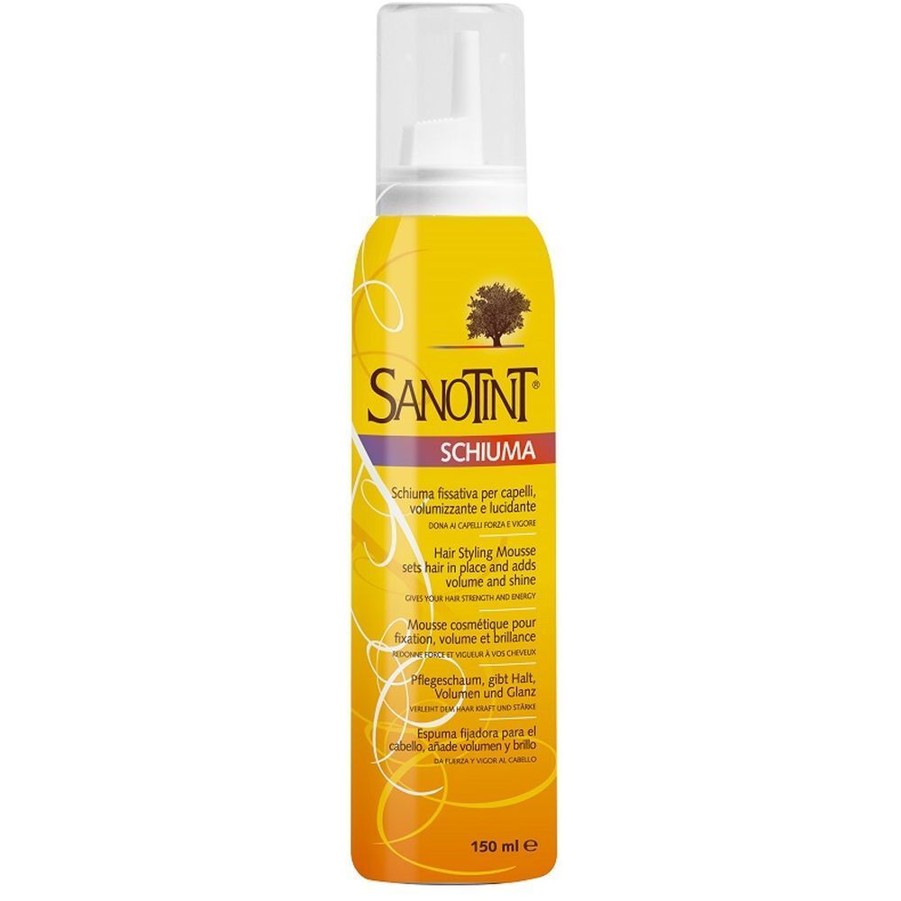 Flacone giallo con erogatore bianco. Scritta Sanotint Schiuma. Testo multilingue.