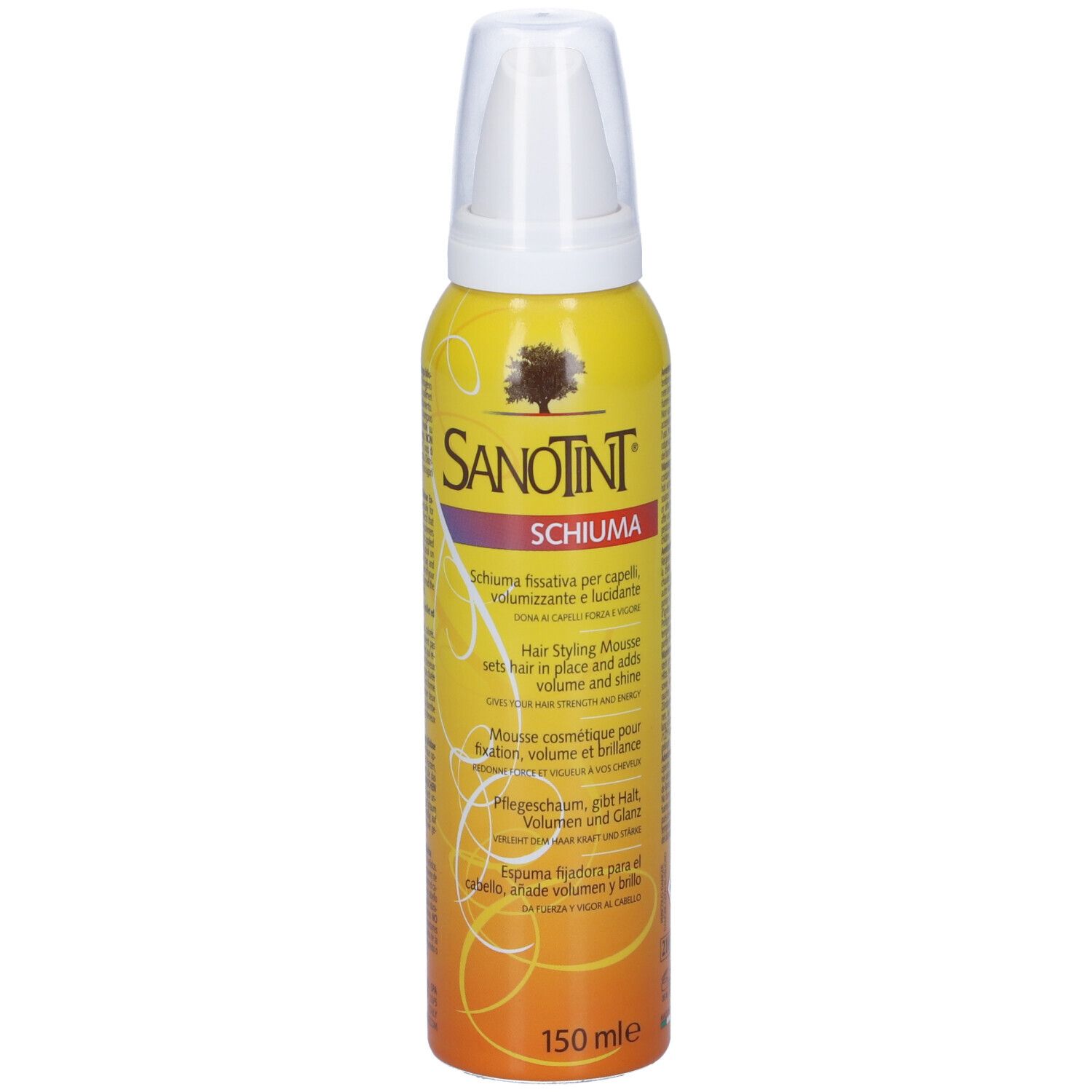 Flacone giallo con erogatore bianco. Scritta Sanotint Schiuma. Testo multilingue.