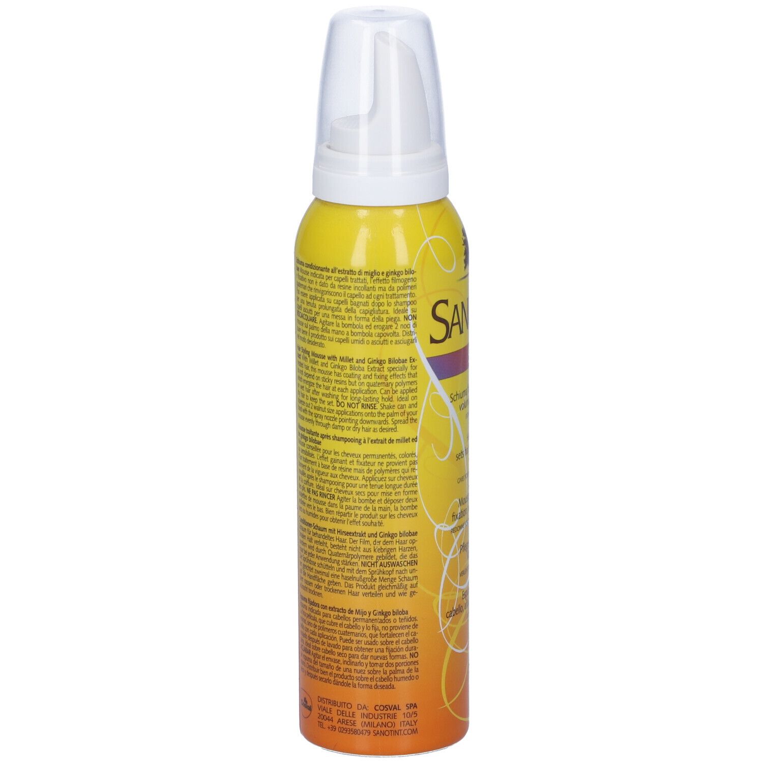 Flacone giallo con erogatore bianco. Retro con testo multilingue.