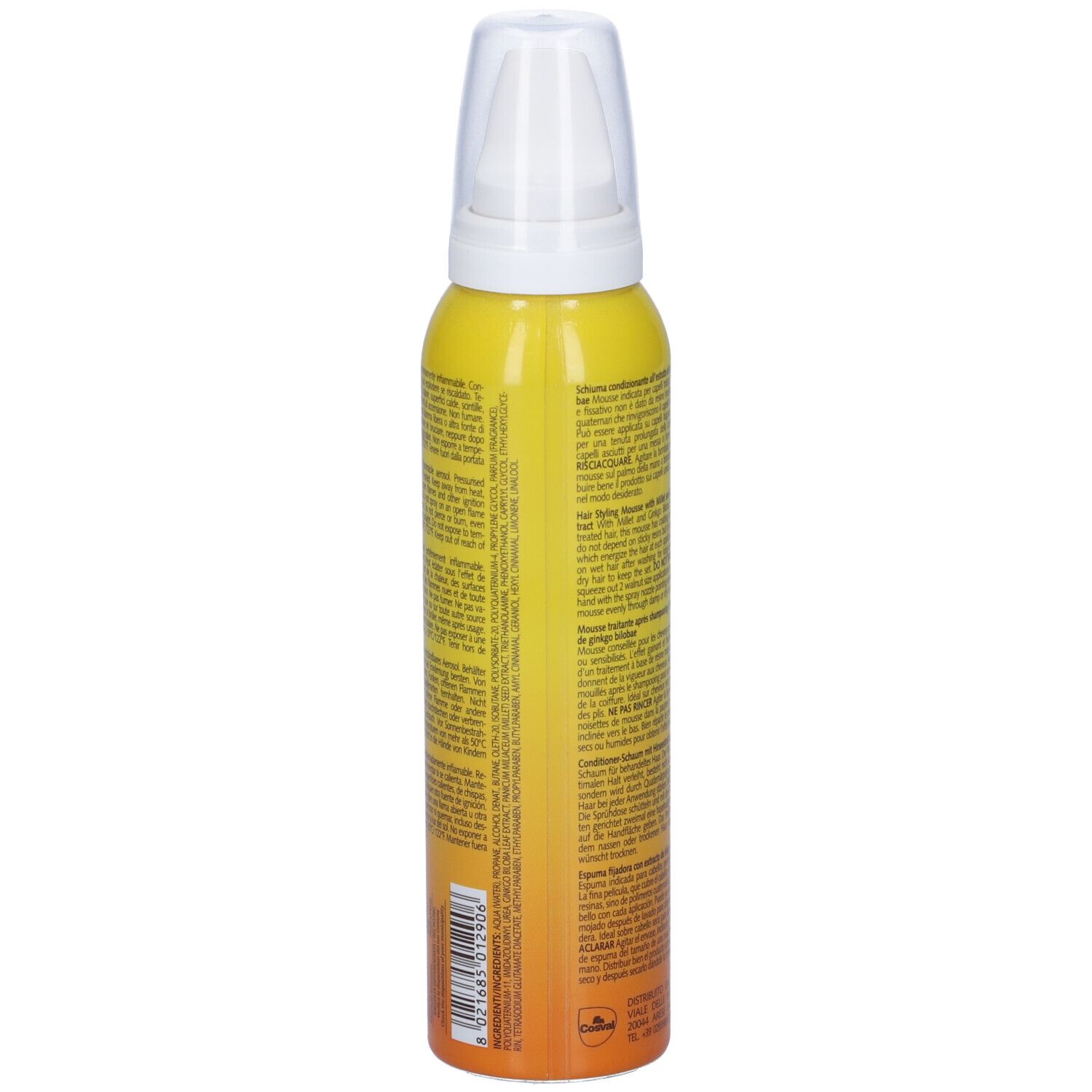 Flacone giallo con erogatore bianco. Retro con testo multilingue.