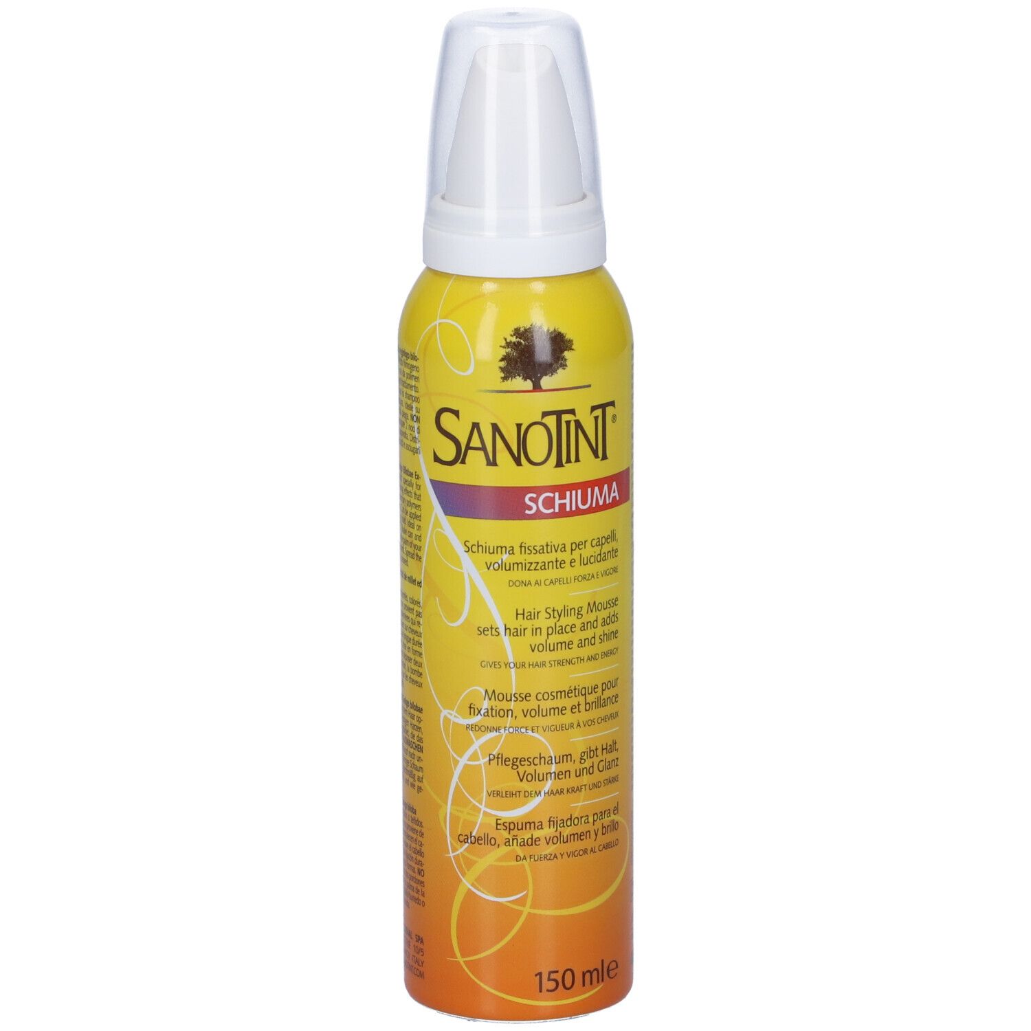 Flacone giallo con erogatore bianco. Scritta Sanotint Schiuma. Testo multilingue.
