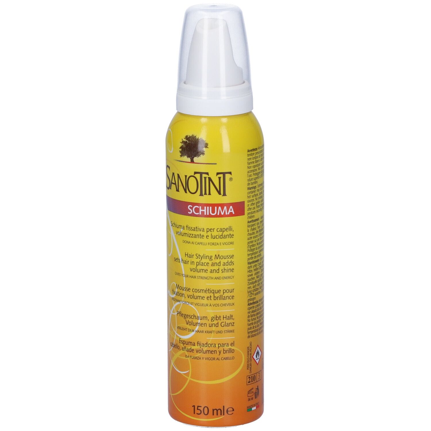 Flacone giallo con erogatore bianco. Scritta Sanotint Schiuma. Testo multilingue.