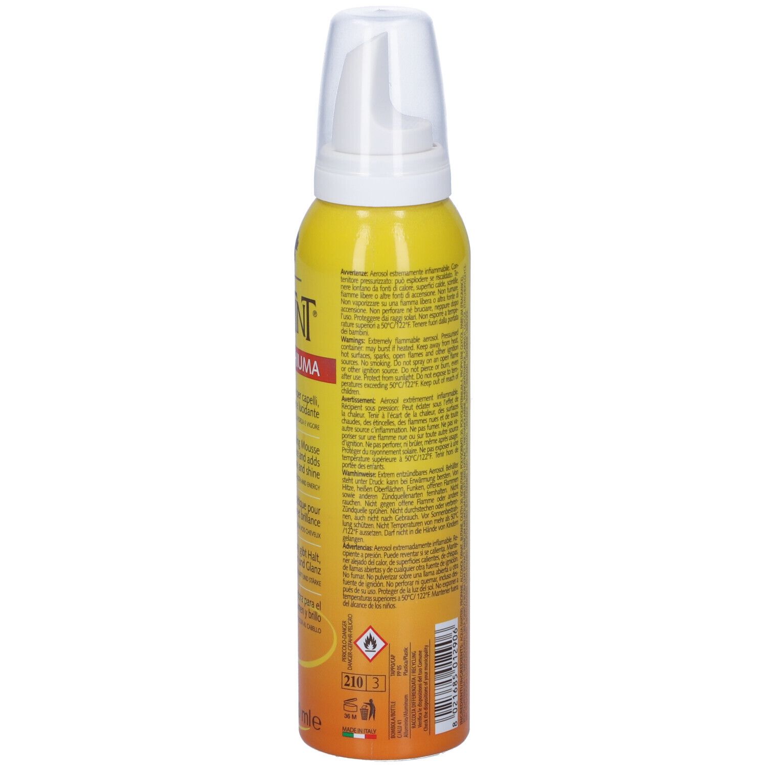 Flacone giallo con erogatore bianco. Retro con testo multilingue.