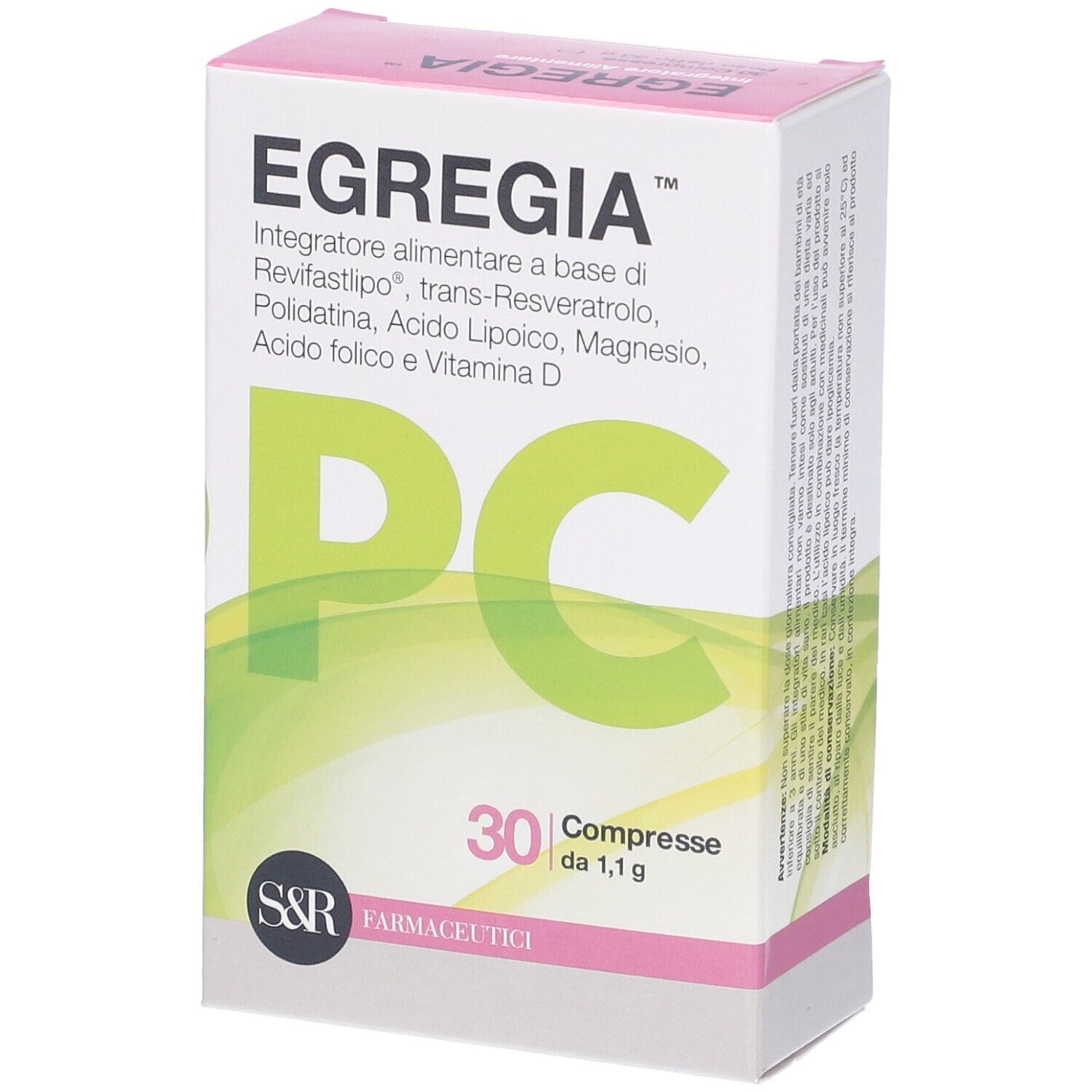 Confezione di Egregia PC. Scatola bianca con coperchio rosa. Scritte: Egregia, PC, 30 compresse.
