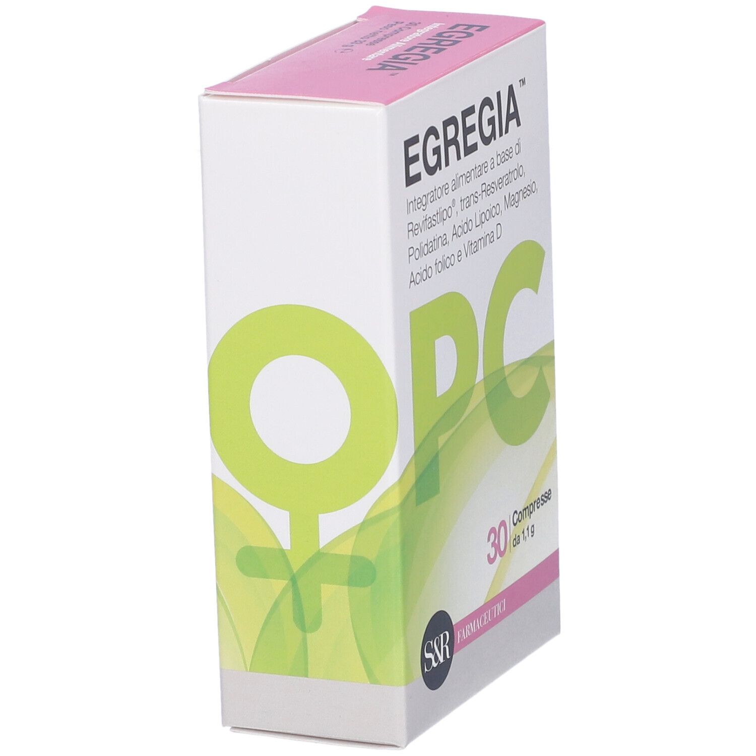 Confezione Egregia PC, angolata. Scatola bianca e rosa. Logo PC verde e simbolo femminile.