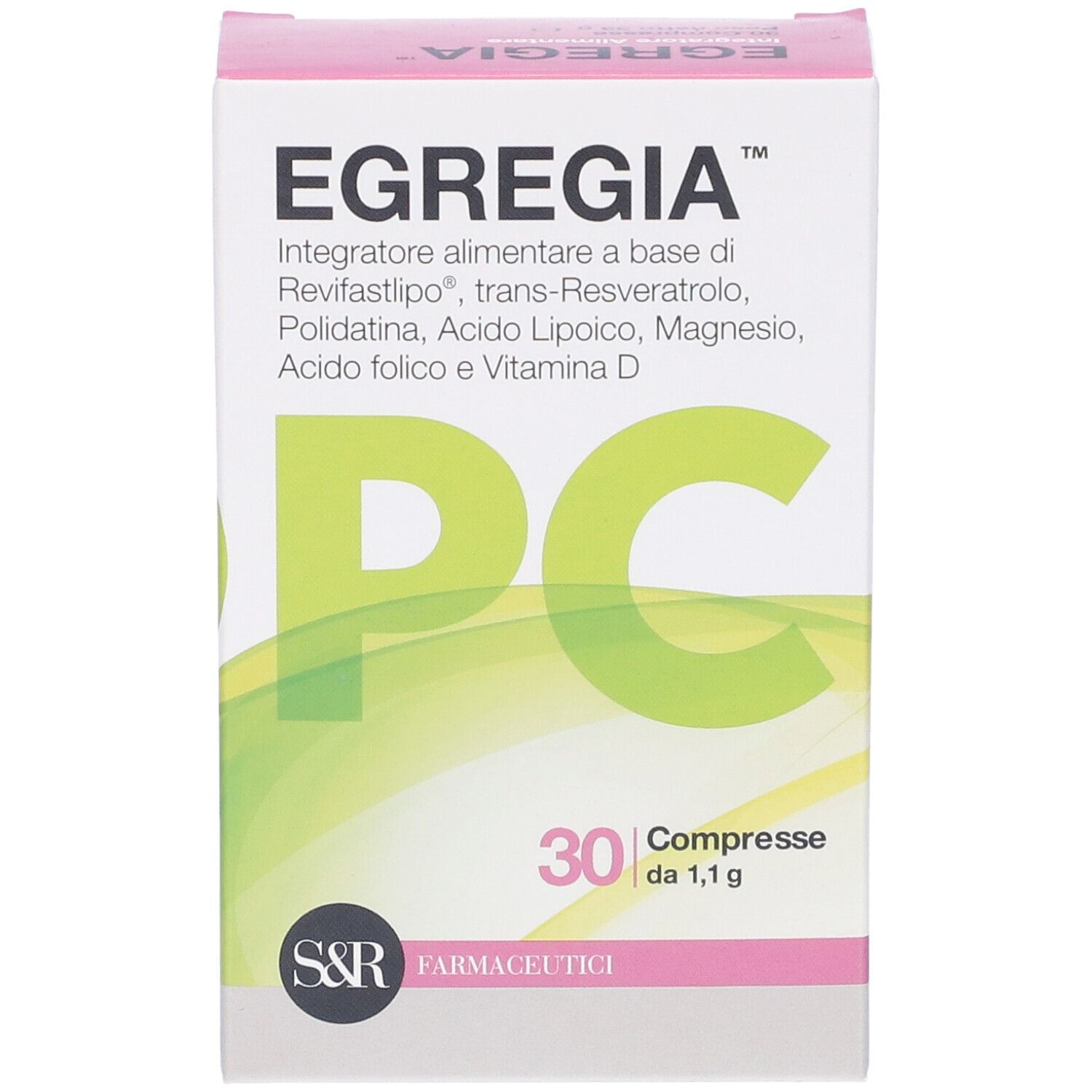 Confezione Egregia PC. Scatola bianca con coperchio rosa. Scritte: Egregia, PC, 30 compresse.