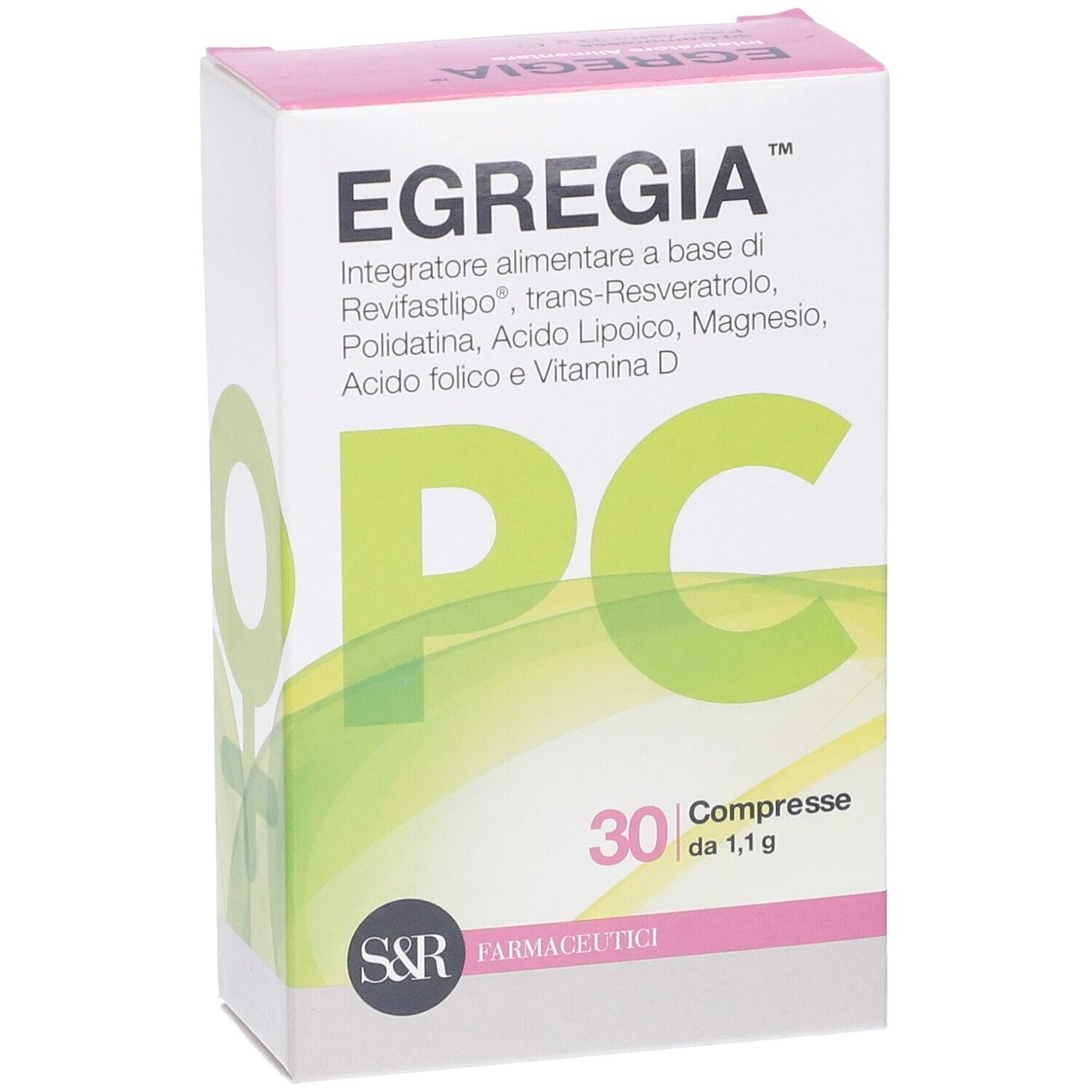 Confezione Egregia PC. Scatola bianca con coperchio rosa. Scritte: Egregia, PC, 30 compresse.