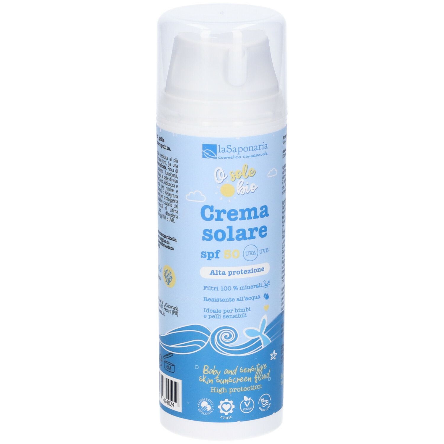 Flacone di crema solare con scritta 'Crema solare SPF50'. Confezione blu e bianca con informazioni sul prodotto.