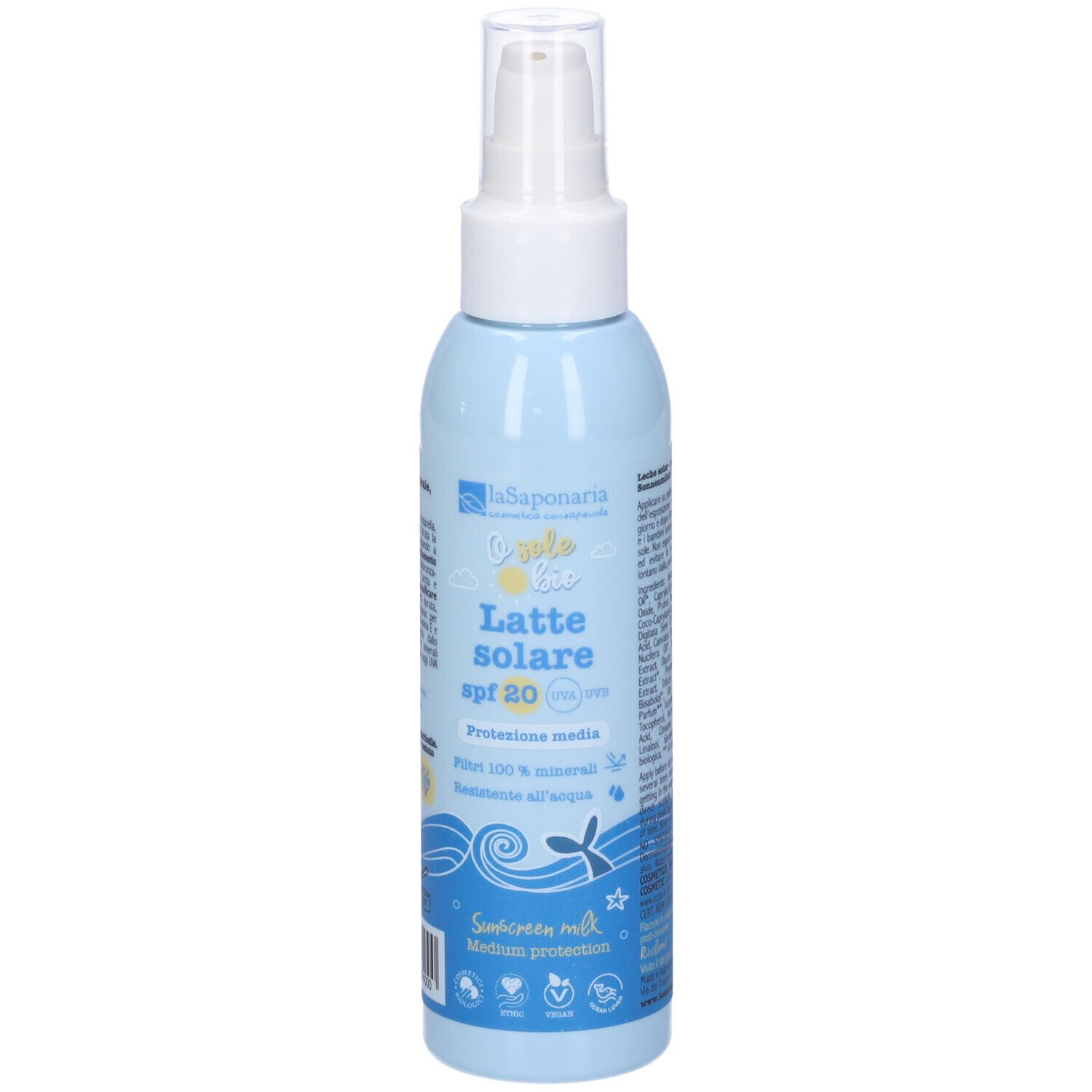 Flacone azzurro con erogatore bianco. Scritta: Latte solare spf 20. Protezione media. Marchio: La Saponaria.