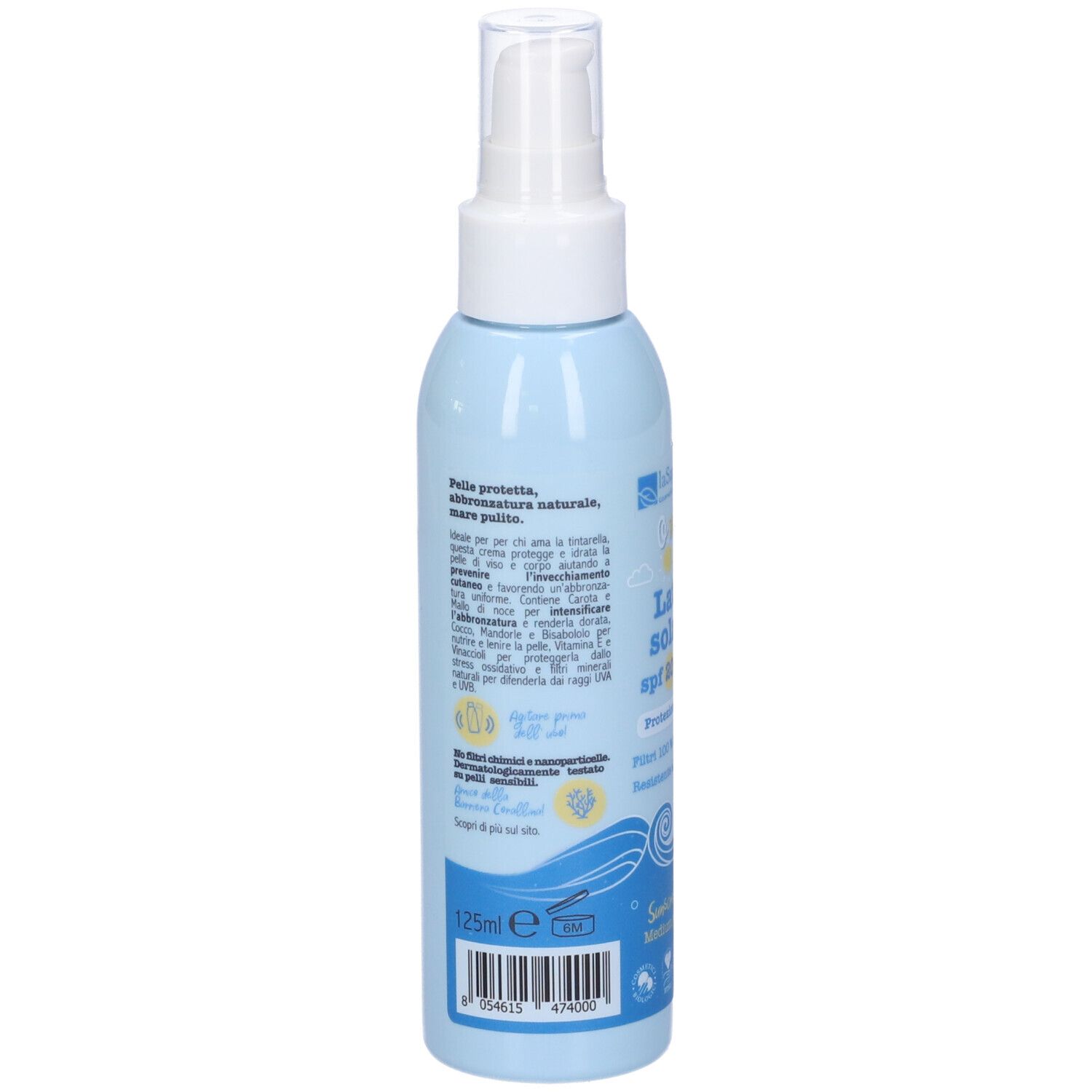 Retro del flacone azzurro. Testo con ingredienti e informazioni. In basso: 125 ml, codice EAN e loghi.