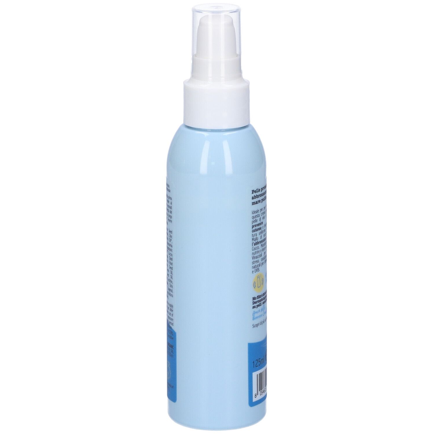 Flacone azzurro con erogatore bianco. Vista laterale. Nessun altro dettaglio visibile.