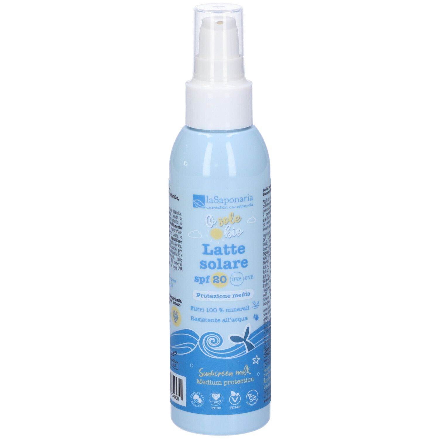 Flacone azzurro con erogatore bianco. Scritta: Latte solare spf 20. Protezione media. Marchio: La Saponaria.