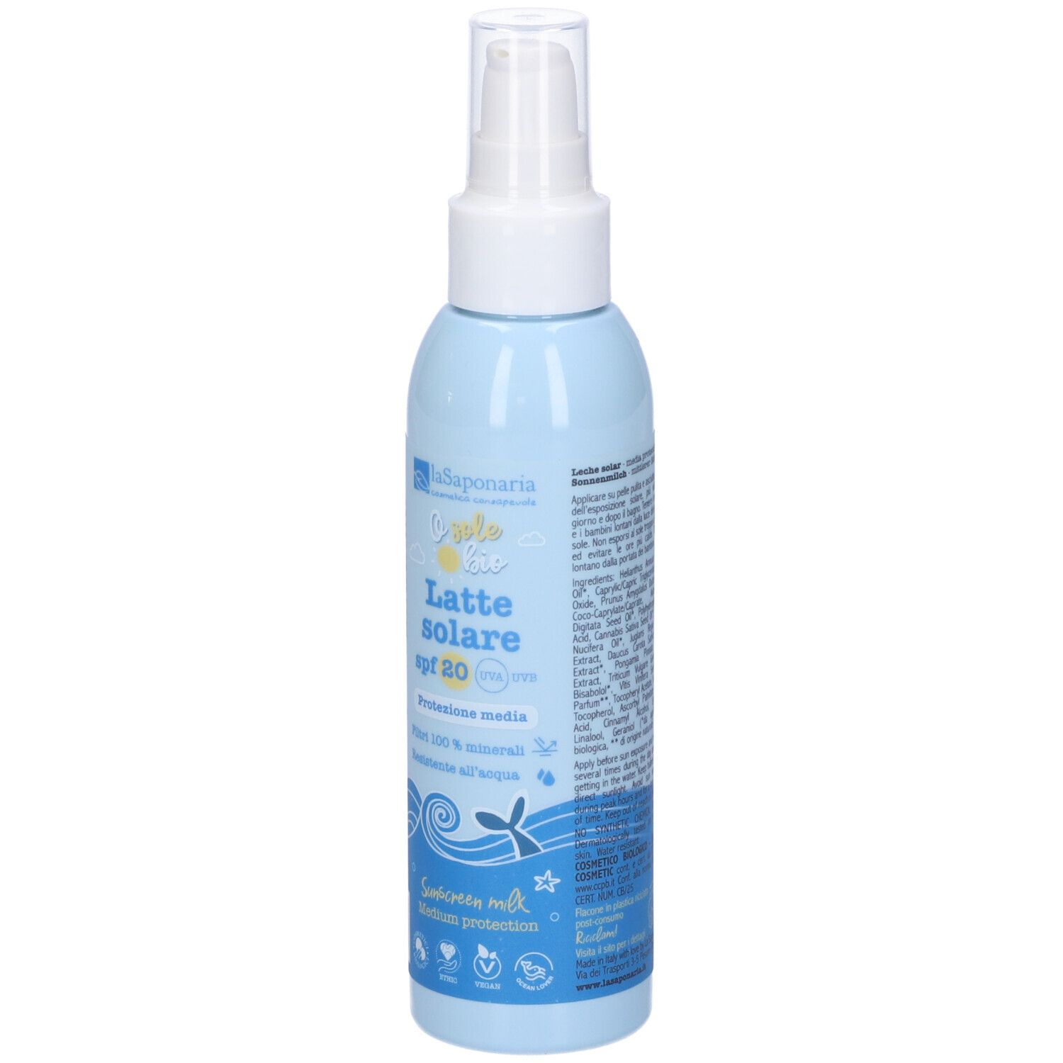 Flacone azzurro con erogatore bianco. Scritta: Latte solare spf 20. Protezione media. Marchio: La Saponaria.