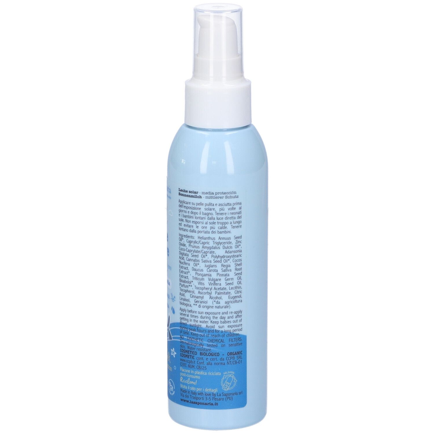 Retro del flacone azzurro. Testo con ingredienti e informazioni. In basso: 125 ml, codice EAN e loghi.