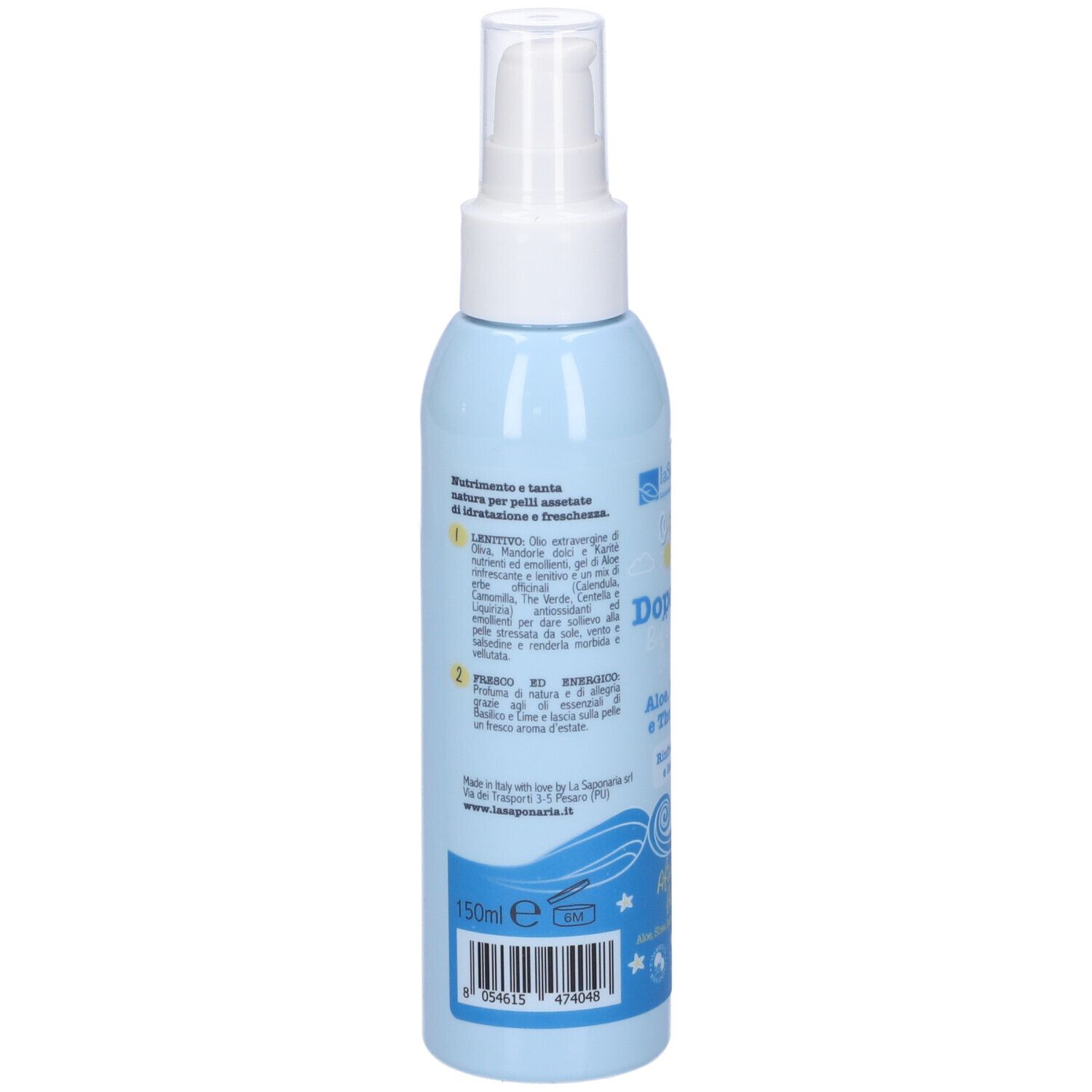 Retro del flacone azzurro con erogatore bianco. Informazioni testuali e codice a barre. Volume: 150 ml.
