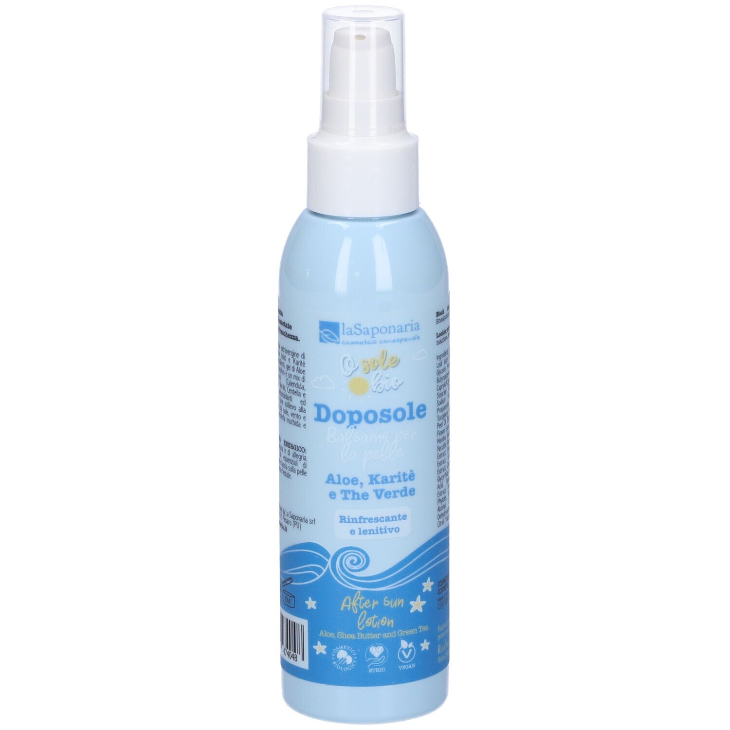 Flacone azzurro con erogatore bianco. Scritta: Doposole, Aloe, Karité e The Verde. Disegno onde e stelle.