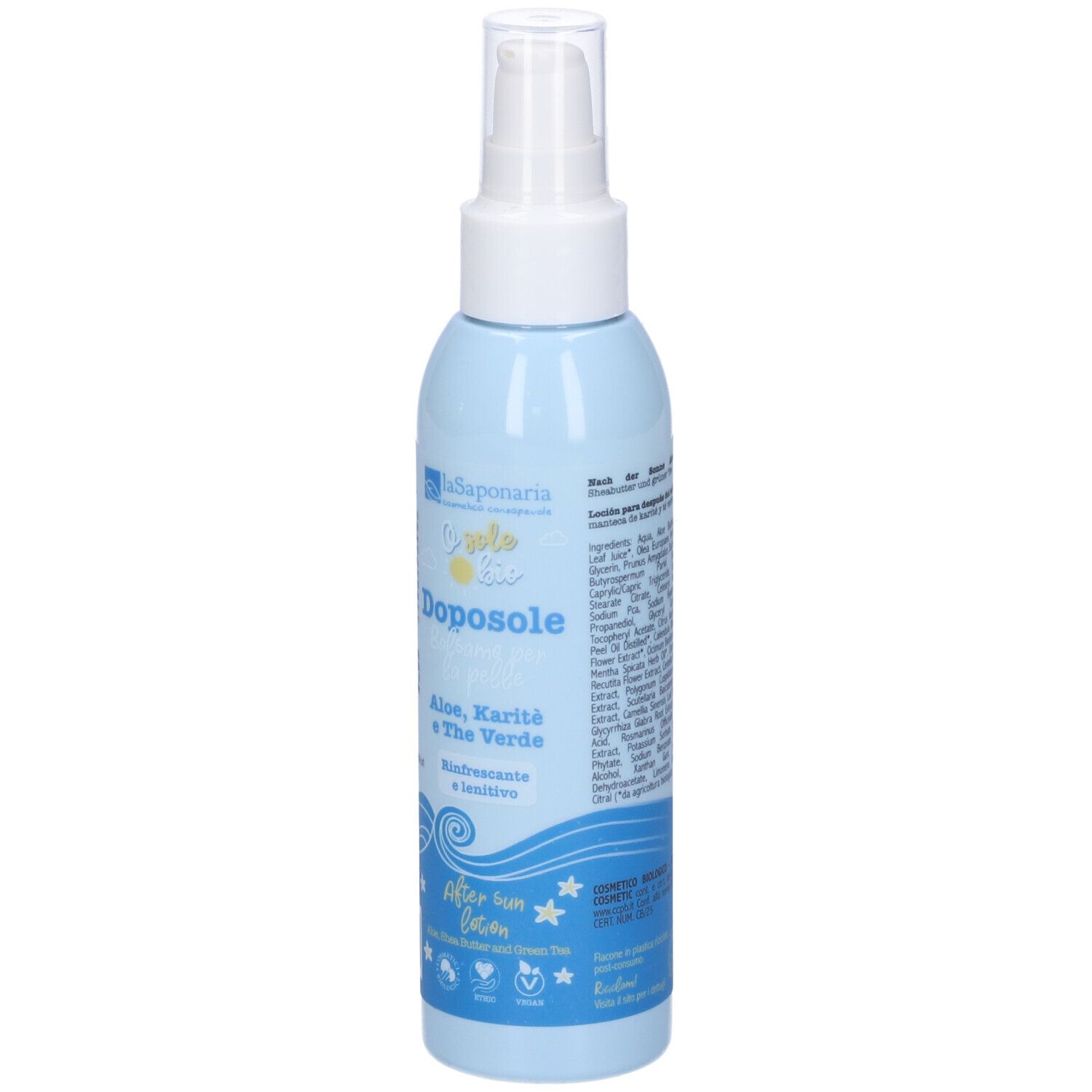 Flacone azzurro con erogatore bianco. Scritta: Doposole, Aloe, Karité e The Verde. Disegno onde e stelle.