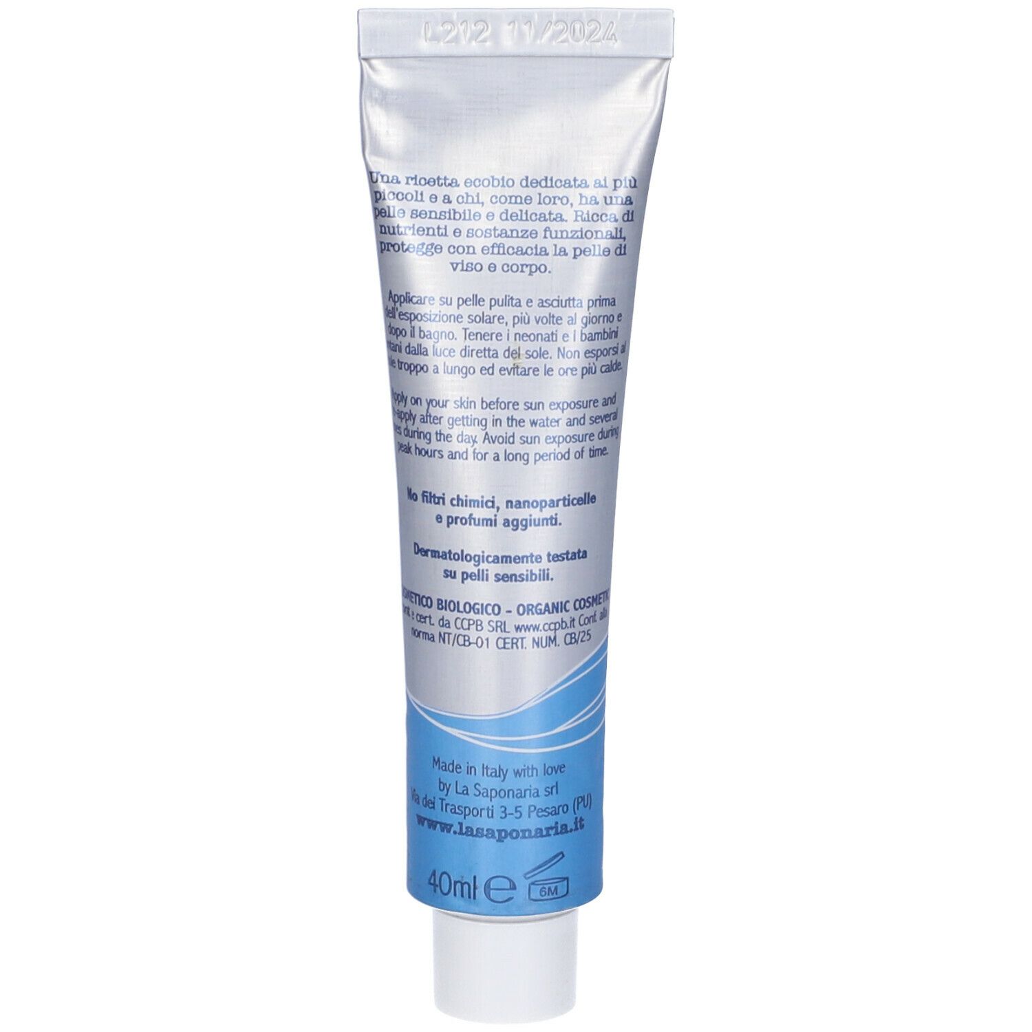 Retro del tubo solare. Testo italiano. 40ml. Prodotto in Italia.