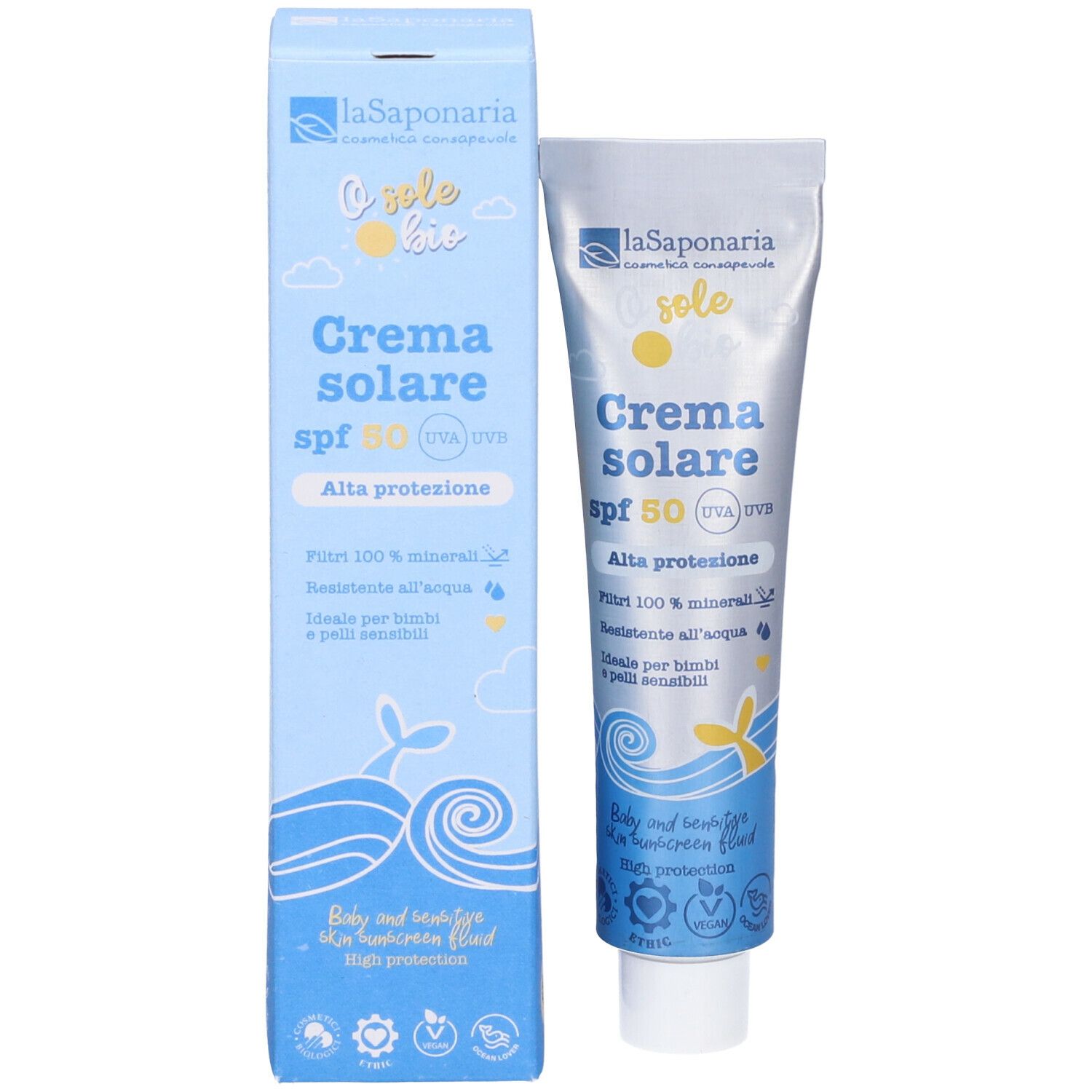 Tubo e scatola crema solare. Confezione blu. SPF50. Ideale pelli sensibili bambini.