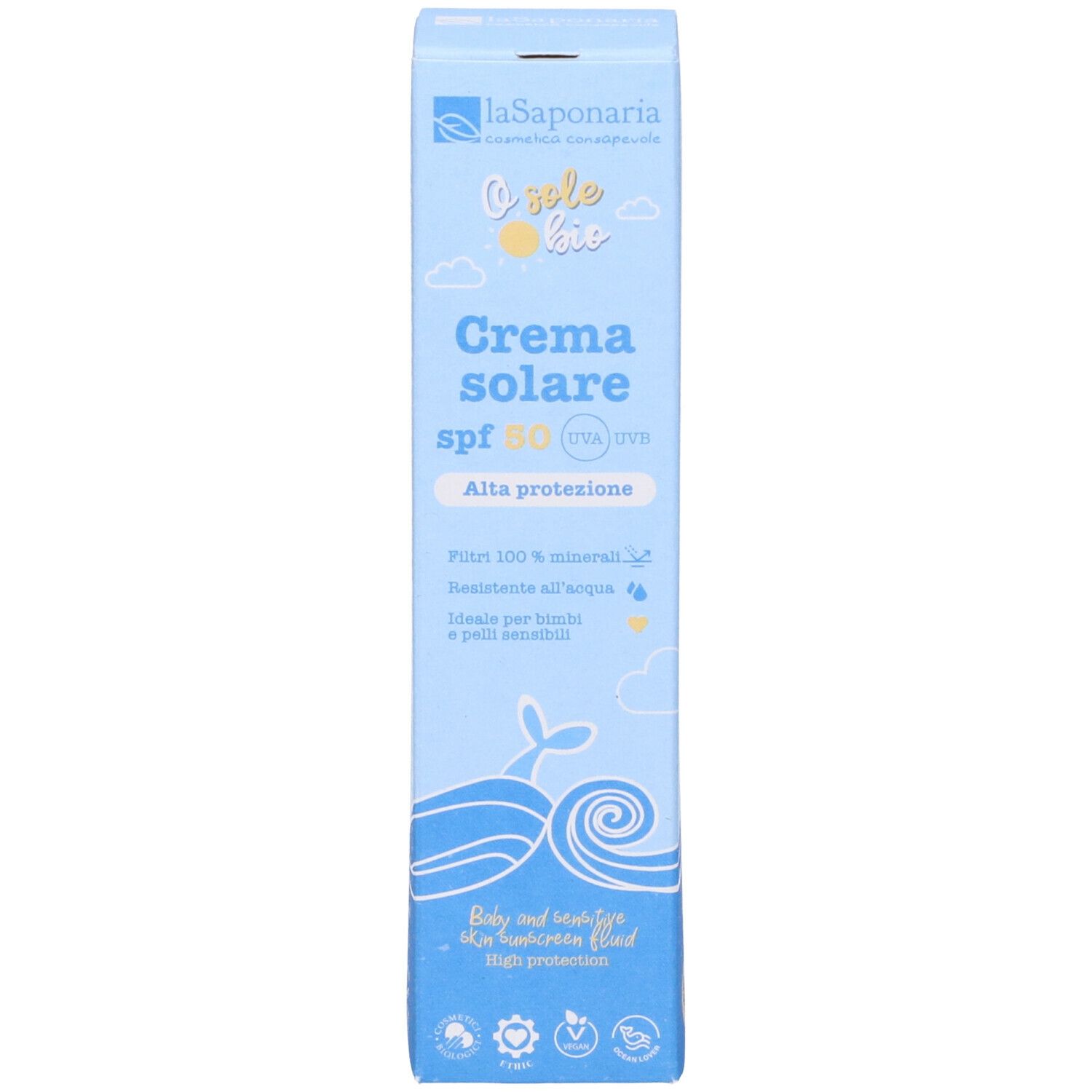 Scatola blu con informazioni crema solare. SPF50. Ideale pelli sensibili bambini.