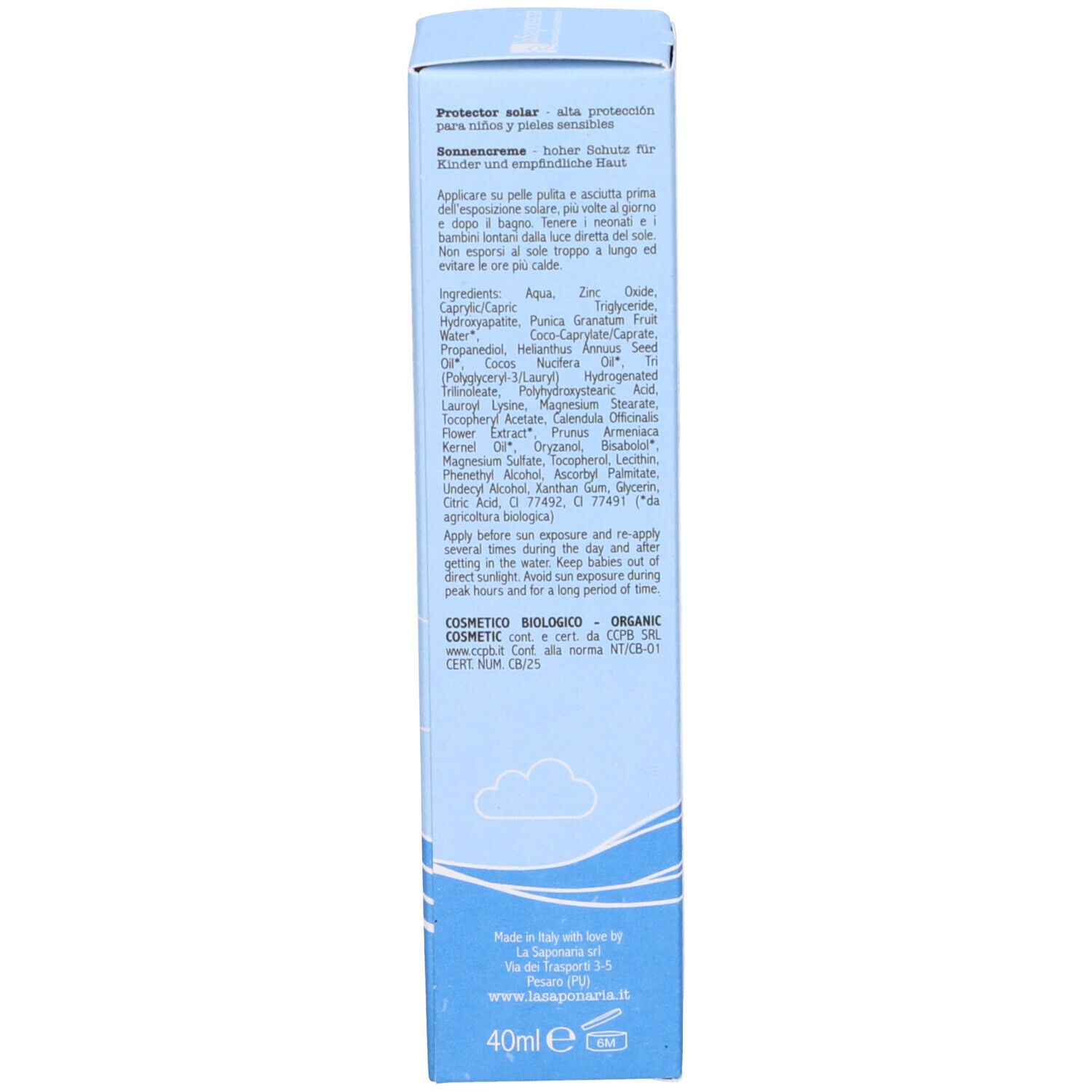 Retro della scatola crema solare. Ingredienti e istruzioni. 40ml.