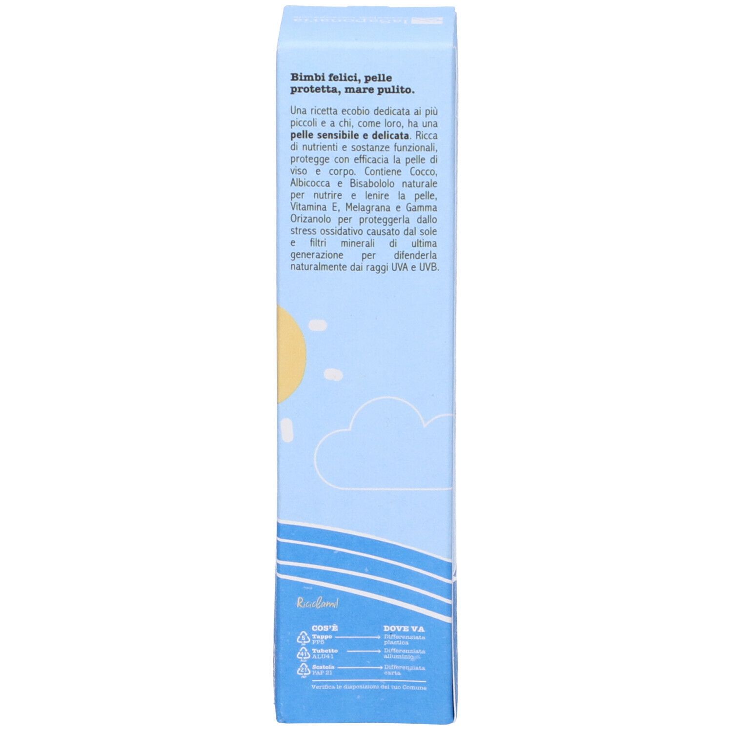 Lato della scatola crema solare. Informazioni composizione. Per bambini.