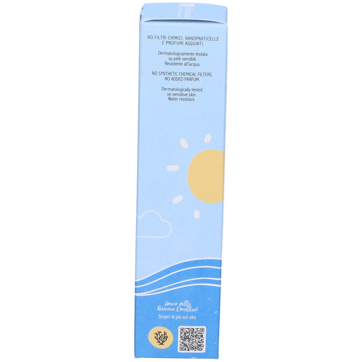 Lato della scatola crema solare. Senza filtri chimici, nanoparticelle e profumi.