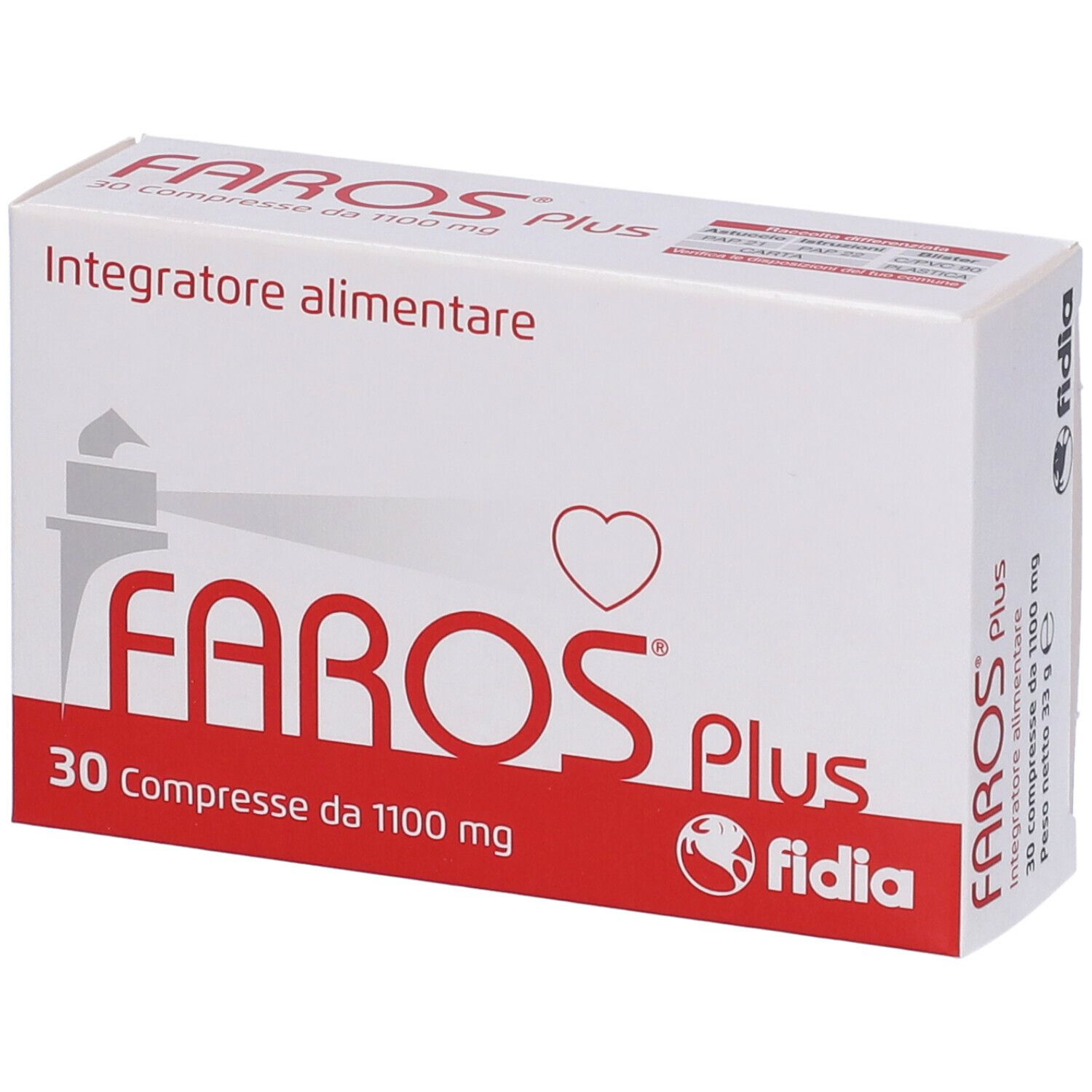 Scatola bianca con testo rosso. Contiene 30 compresse. Scritta: FAROS Plus, Fidia. Integratore alimentare.