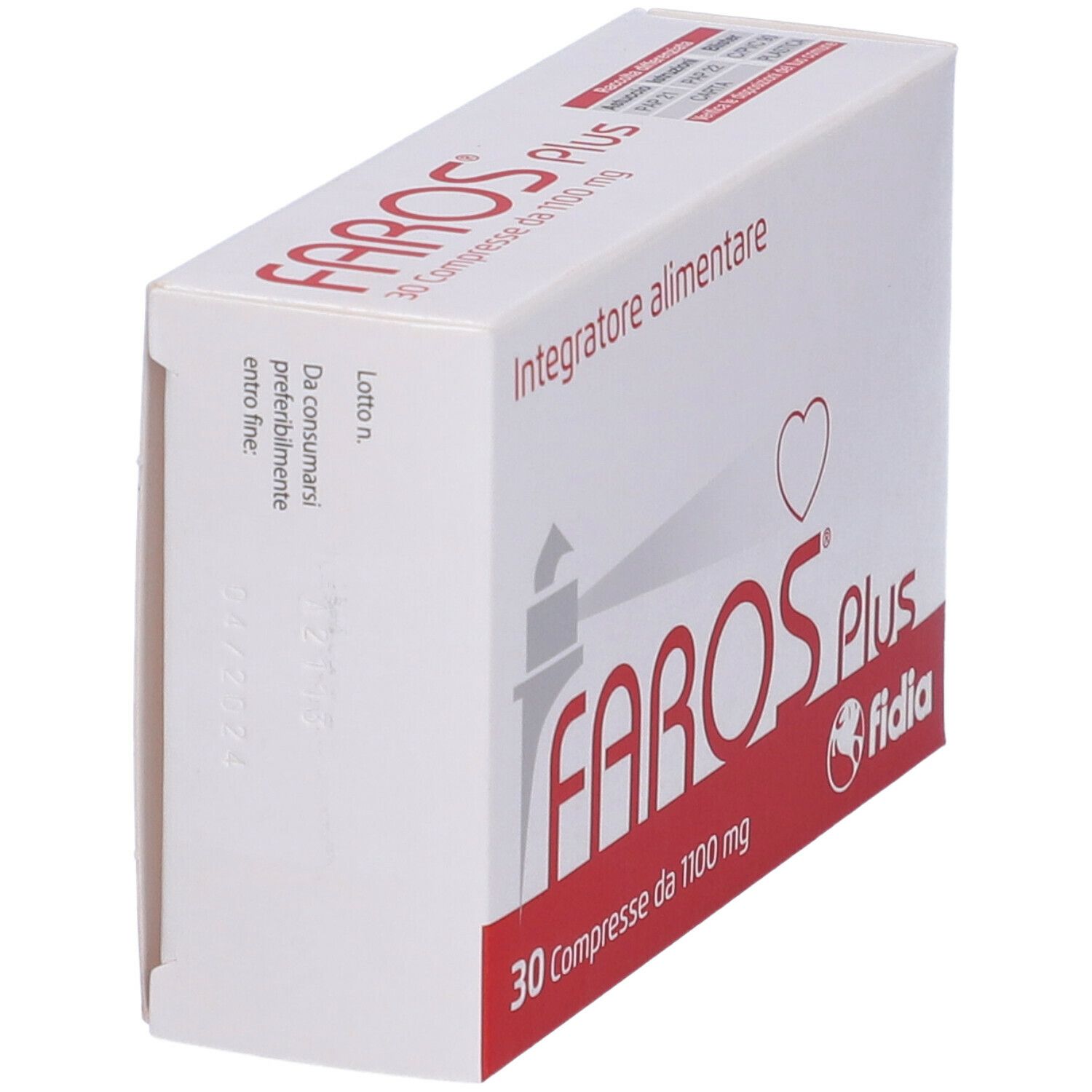 Scatola bianca con testo rosso. Contiene 30 compresse. Scritta: FAROS Plus, Fidia. Integratore alimentare.