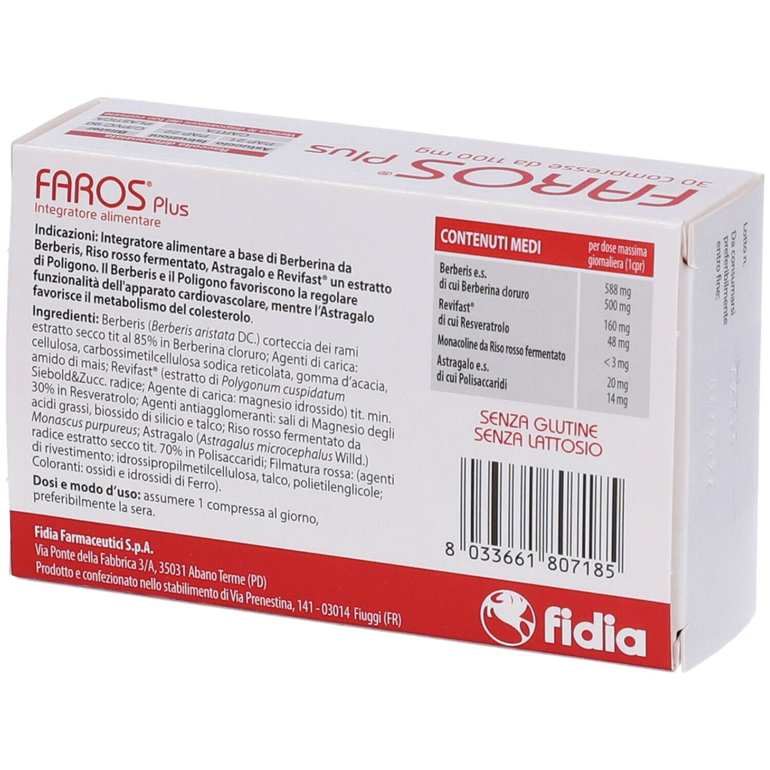 Scatola bianca con testo rosso. Contiene 30 compresse. Scritta: FAROS Plus, Fidia. Integratore alimentare. Ingredienti sul retro.