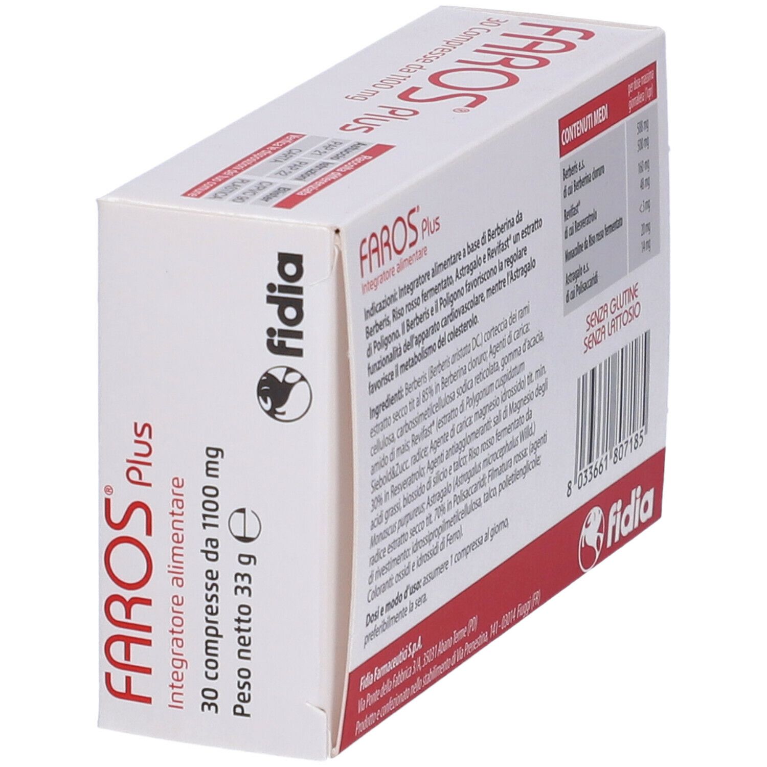 Scatola bianca con testo rosso. Contiene 30 compresse. Scritta: FAROS Plus, Fidia. Integratore alimentare.