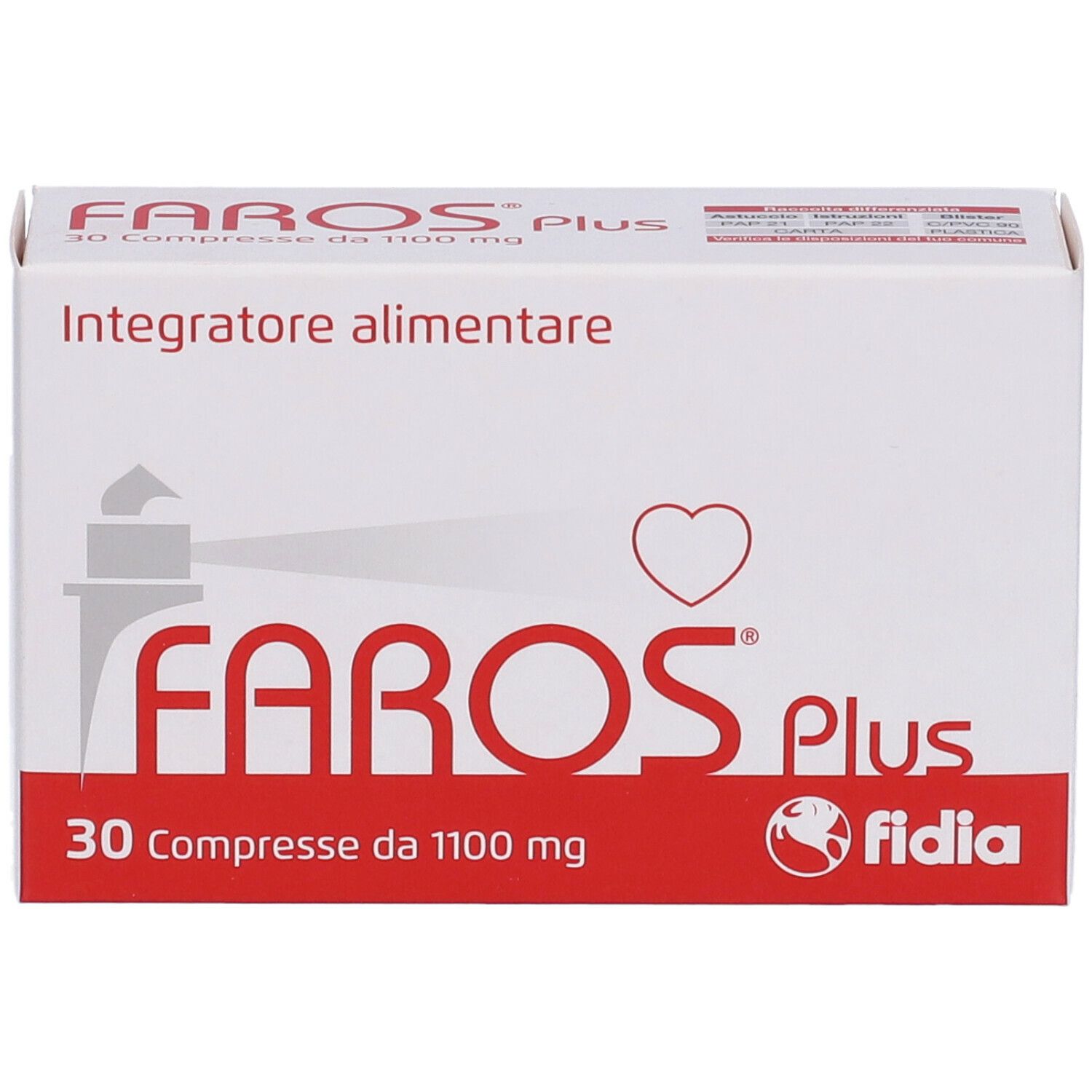 Scatola bianca con testo rosso. Contiene 30 compresse. Scritta: FAROS Plus, Fidia. Integratore alimentare.
