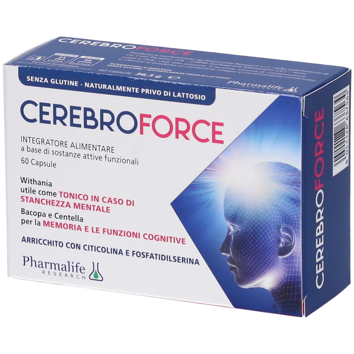 Scatola di Cerebroforce, 60 capsule. Scritta: senza glutine, senza lattosio. Contiene informazioni sugli ingredienti e il produttore.