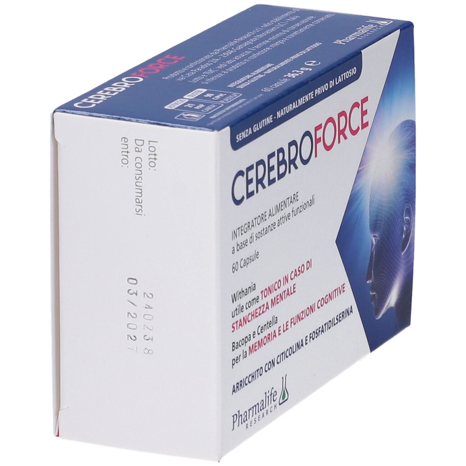 Vista obliqua della confezione di Cerebroforce. Scritta: Cerebroforce, 60 capsule. Contiene informazioni sugli ingredienti e il produttore.
